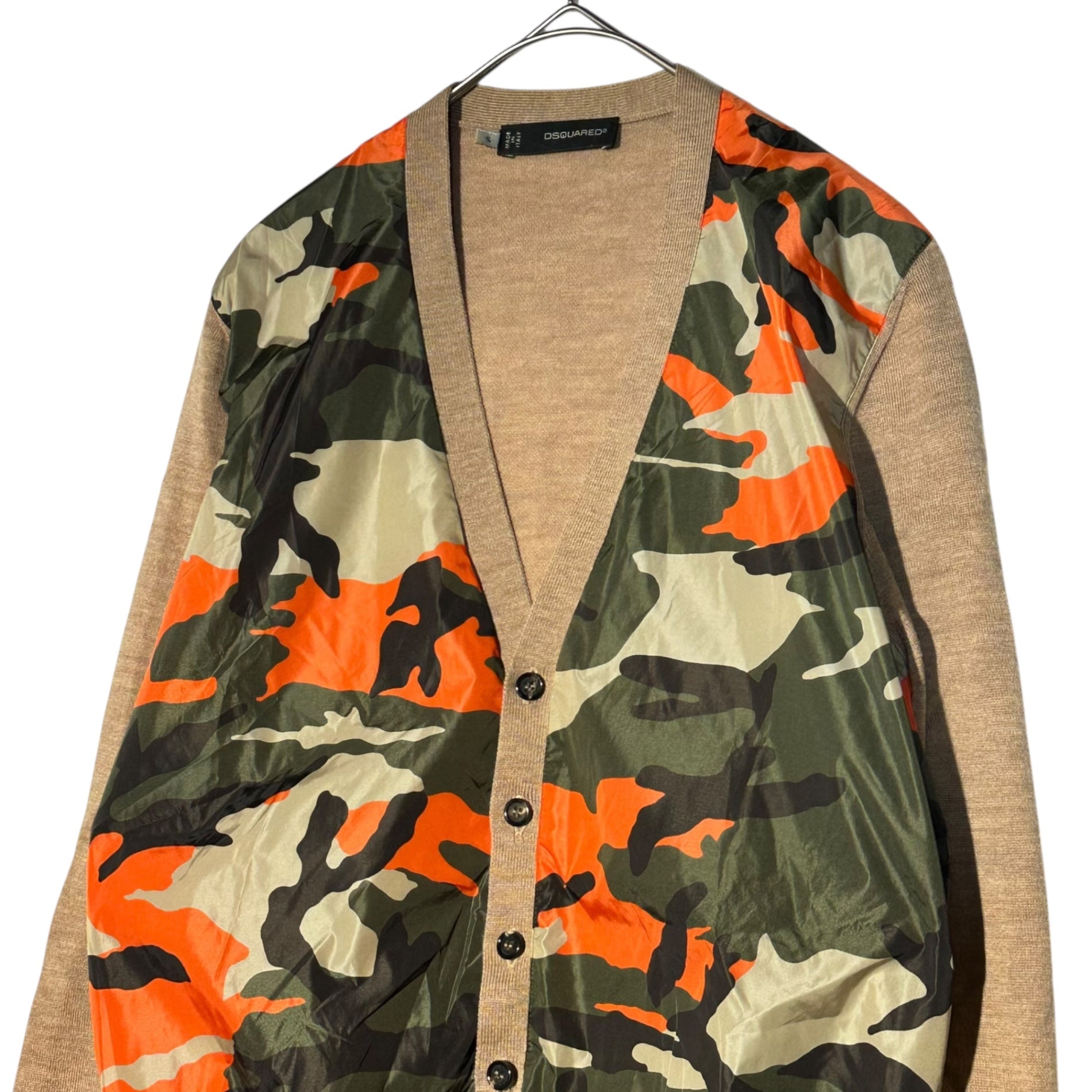 DSQUARED2(ディースクエアード) Camouflage Nylon-Blend Wool Knit Cardigan カモフラ ナイロン 切替 ウール ニット カーディガン S74HA0494 S カーキ×オレンジ×ベージュ