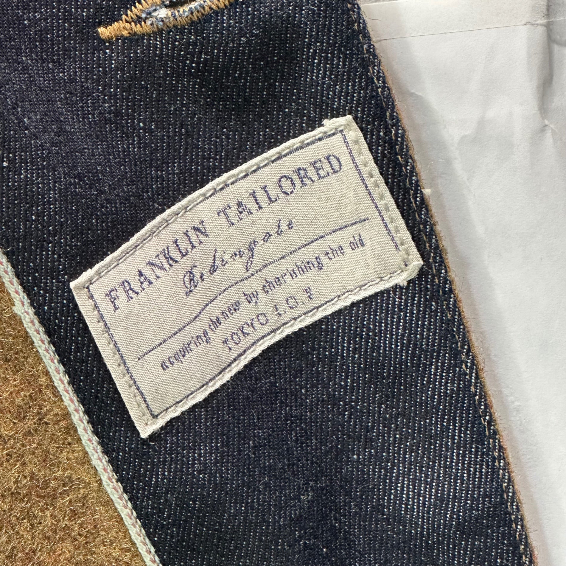 FRANKLIN TAILORED(フランクリンテーラード) Military-Inspired Sampling Sleeve Denim Panel Melton Coverall Jacket ミリタリー サンプリング 袖 デニム 切替 メルトン カバーオール ジャケット 89ACA1 4(L~XL程度) ブラウン×インディゴ