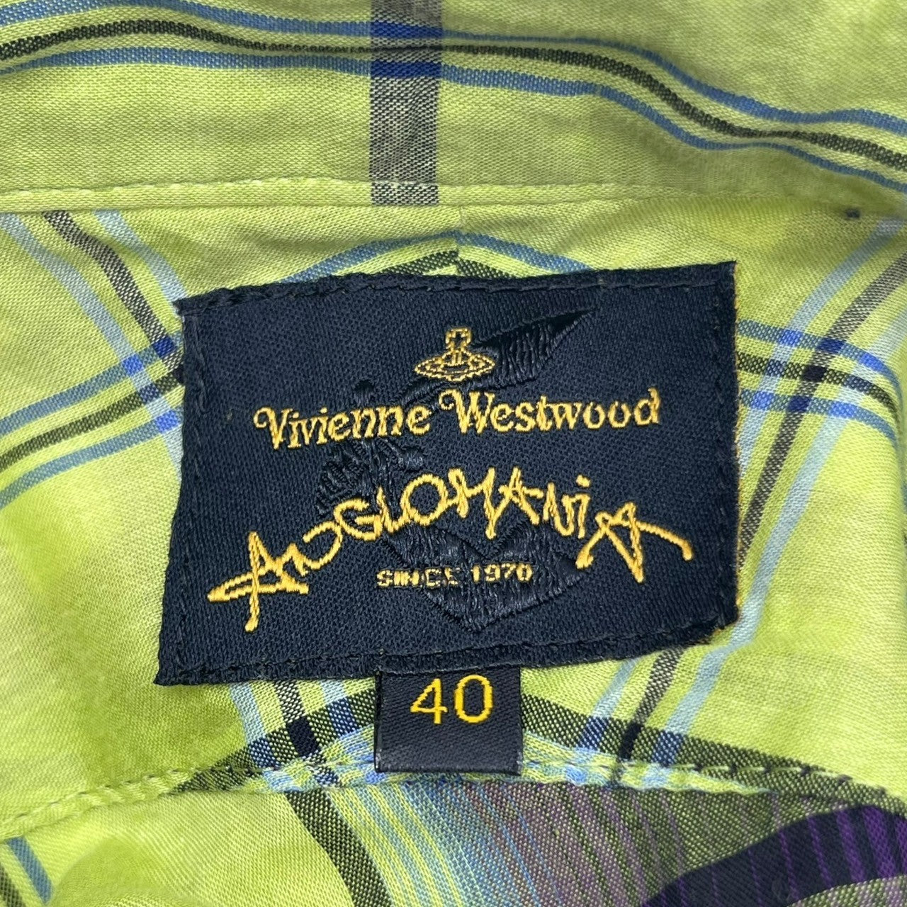 Vivienne Westwood ANGLOMANIA(ヴィヴィアンウエストウッドアングロマニア) Ant Embroidery 2 Pattern Check Switching Deformation Shirt アント 刺繍 2パターン チェック 切替 変形 シャツ 15-01-831001 40(M程度) パープル×グリーン