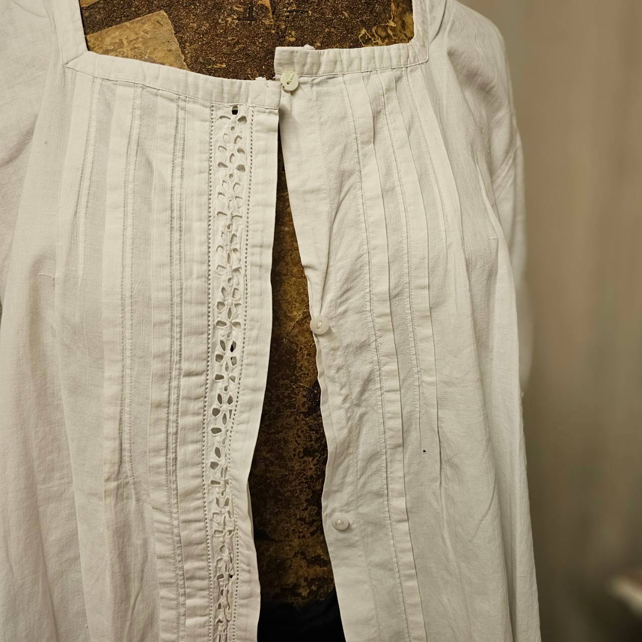 Euro vintage(ヨーロッパヴィンテージ) 20's~ center_open wide collar cotton blouse with  scalloped lace スカラップレースのオープンカラーブラウス 表記無し(M～L程度) ホワイト / 薄っすらと小シミ有