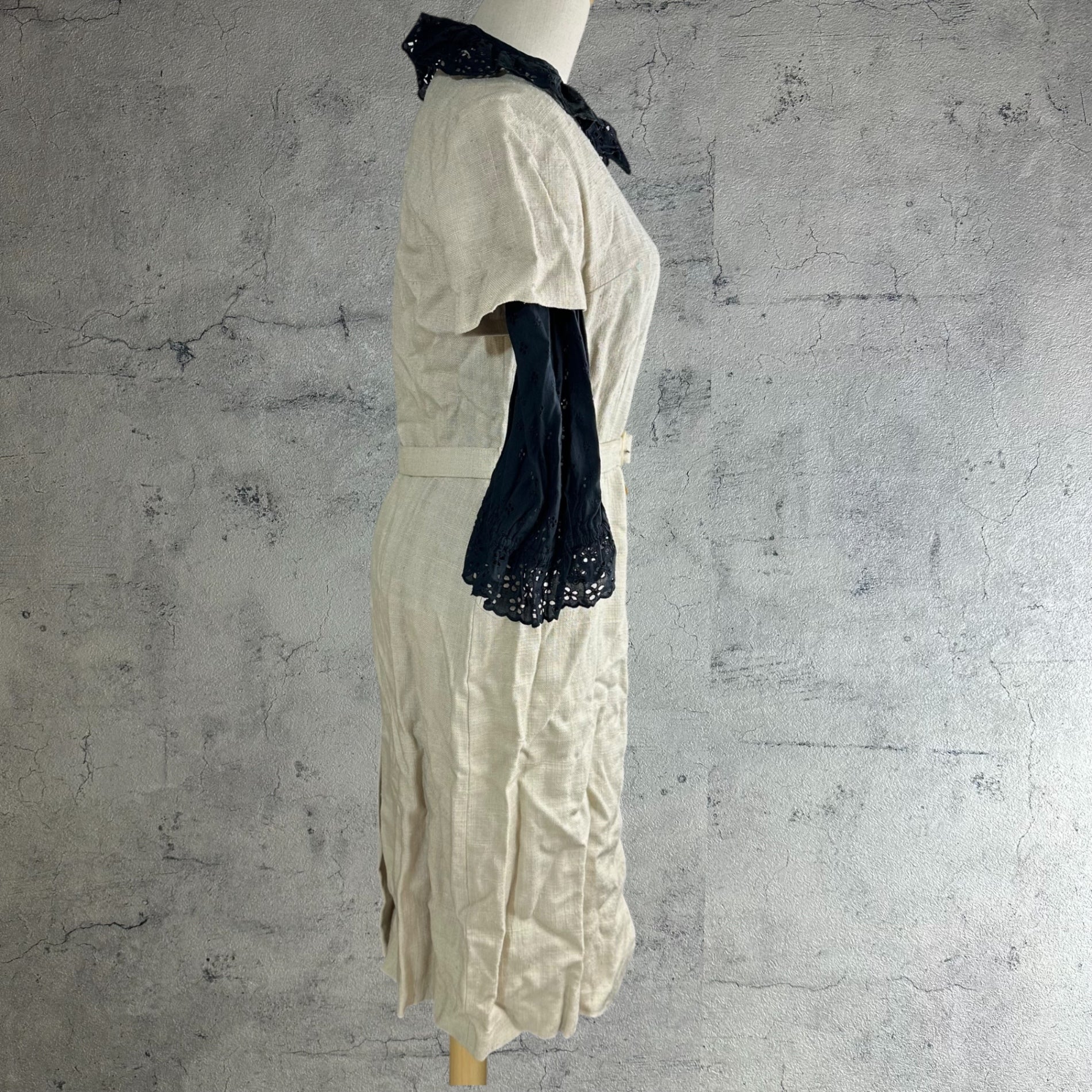 Euro vintage(ヨーロッパヴィンテージ) 30's~ jute_short sleeve onepiece with belt ベルト付き半袖ワンピース 貝ボタン 表記無し(M程度) ベージュ