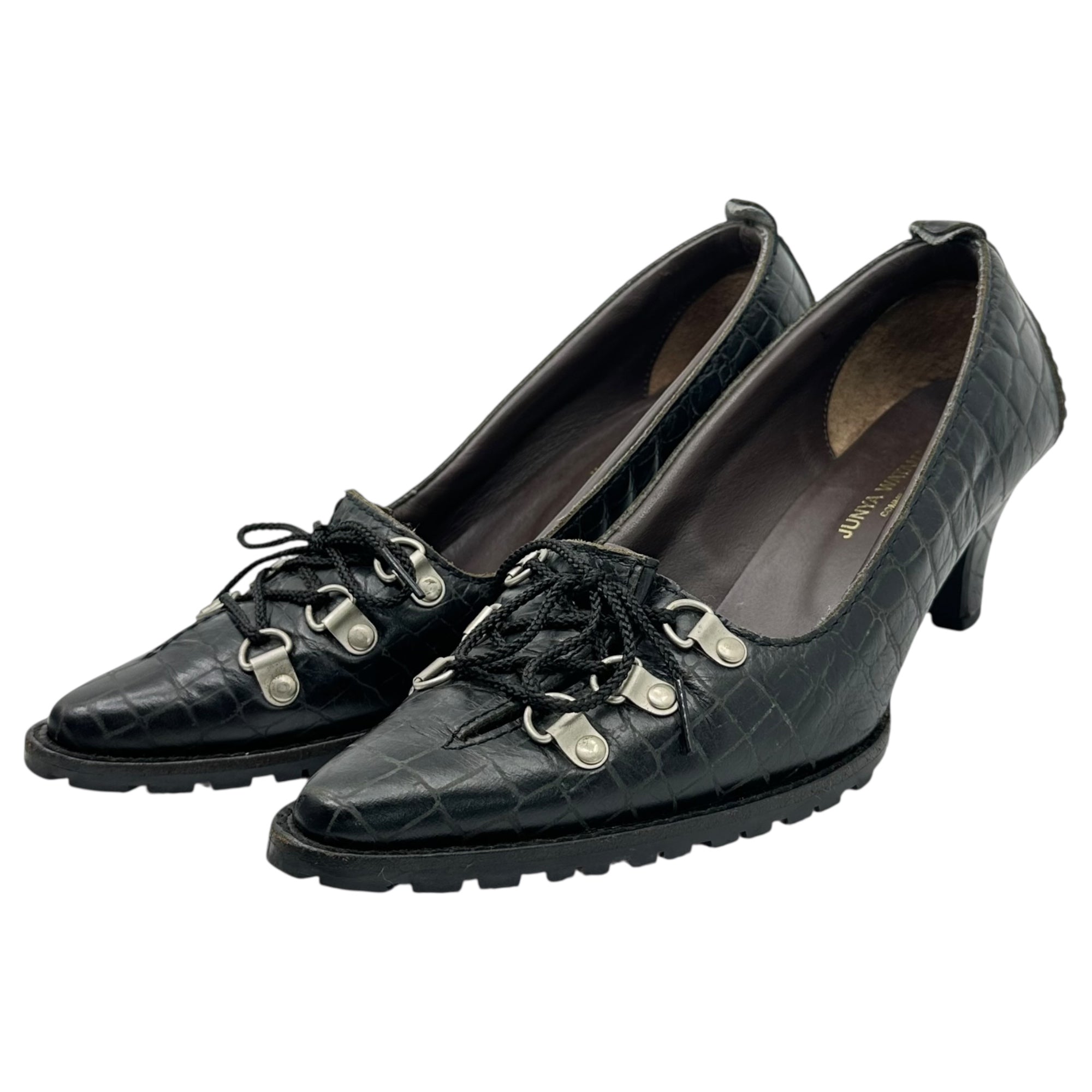 COMME des GARCONS JUNYA WATANABE(コムデギャルソンジュンヤワタナベ) 05AW Crocodile embossed trekking lace-up pointed toe heel pumps クロコ 型押し トレッキング レースアップ ポインテッドトゥ ヒール パンプス L ブラック