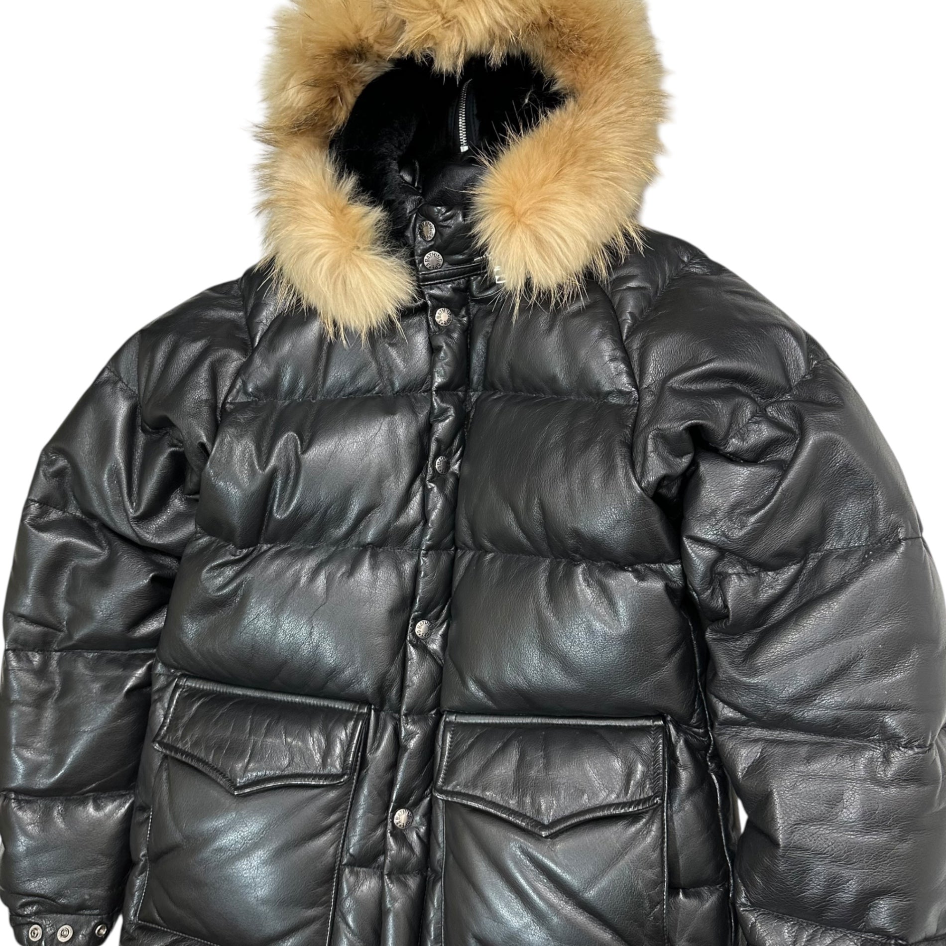 A BATHING APE(アベイシングエイプ) 00's Racoon Fur Embellished Cow Leather Down Jacket ラクーン ファー 装飾 カウレザー ダウン ジャケット S ブラック×ベージュ