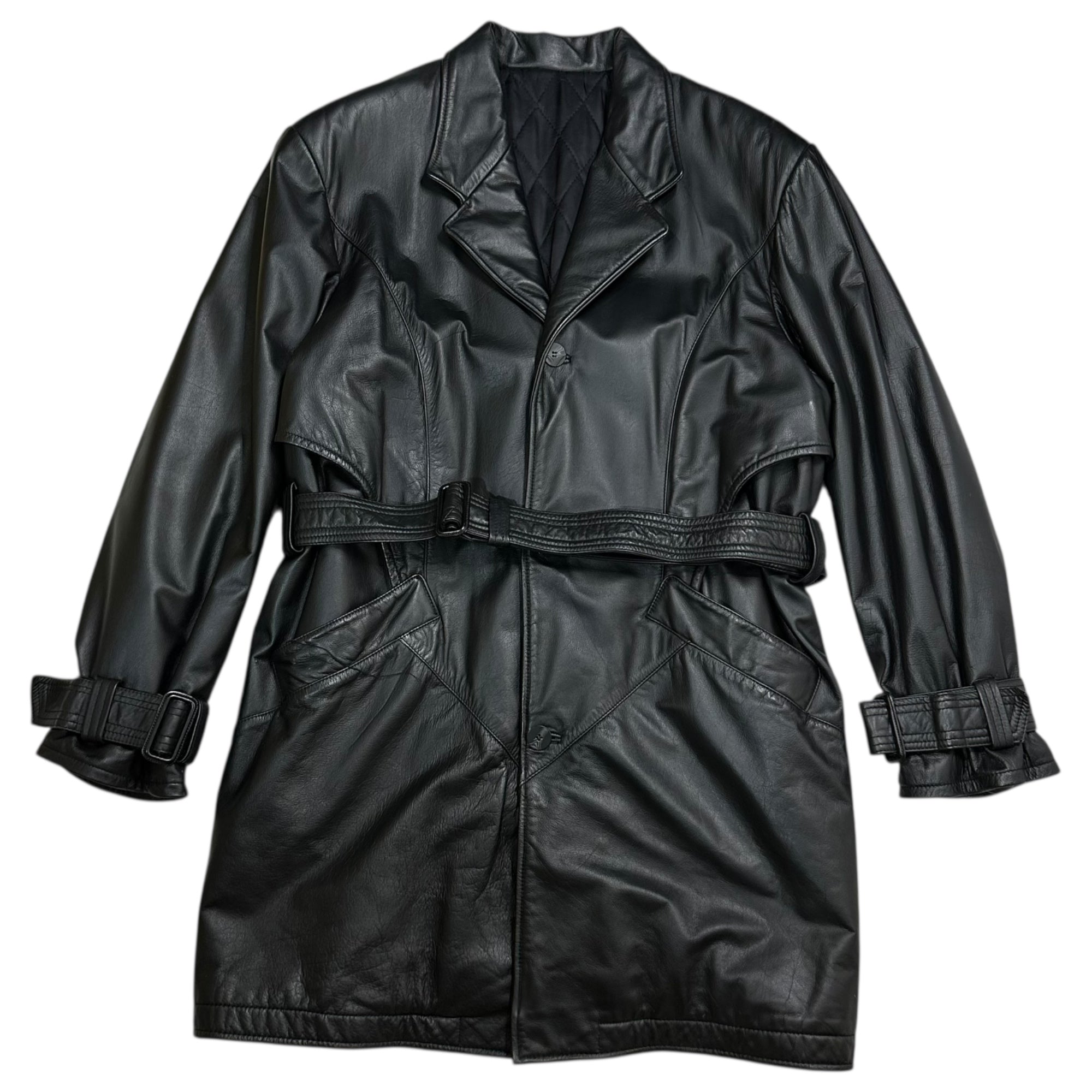 MEN'S TENORAS(ティノラス) 90's Design Pocket Belted Cow Leather Coat デザイン ポケット ベルテッド カウ レザー コート TA-6502 L ブラック 90年代 ヴィンテージ