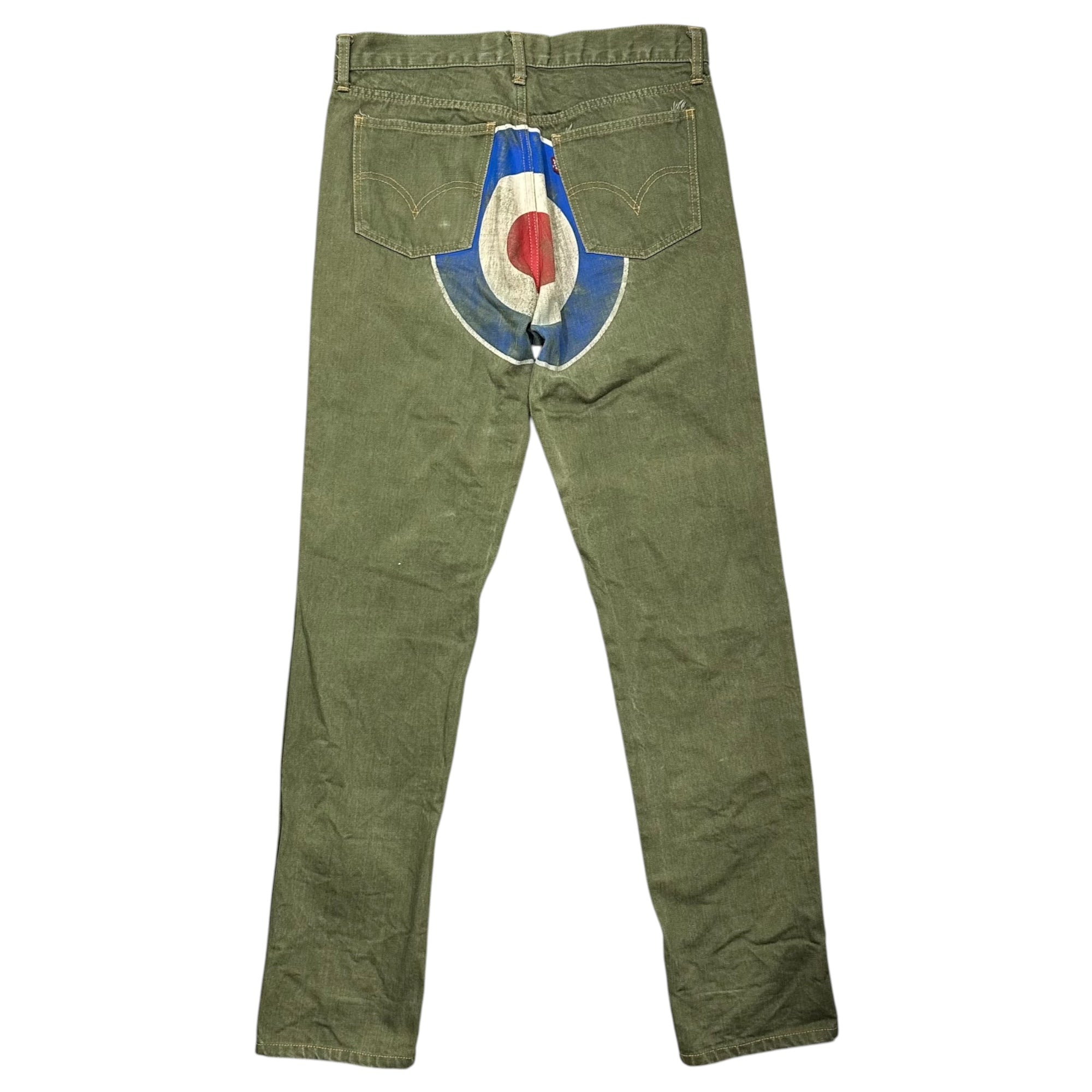 COMME des GARCONS JUNYA WATANABE MAN × Levi's × DOVER STREET MARKET(コムデギャルソンジュンヤワタナベマン × リーバイス × ドーバーストリートマーケット) 2007SS Back Roundel Logo Print Green Denim Pants バック ラウンデル マーク プリント グリーン カラー デニム パンツ DSM-P030 M カーキ×マルチカラー AD2006 00s アーカイブ 3コラボ 稀少