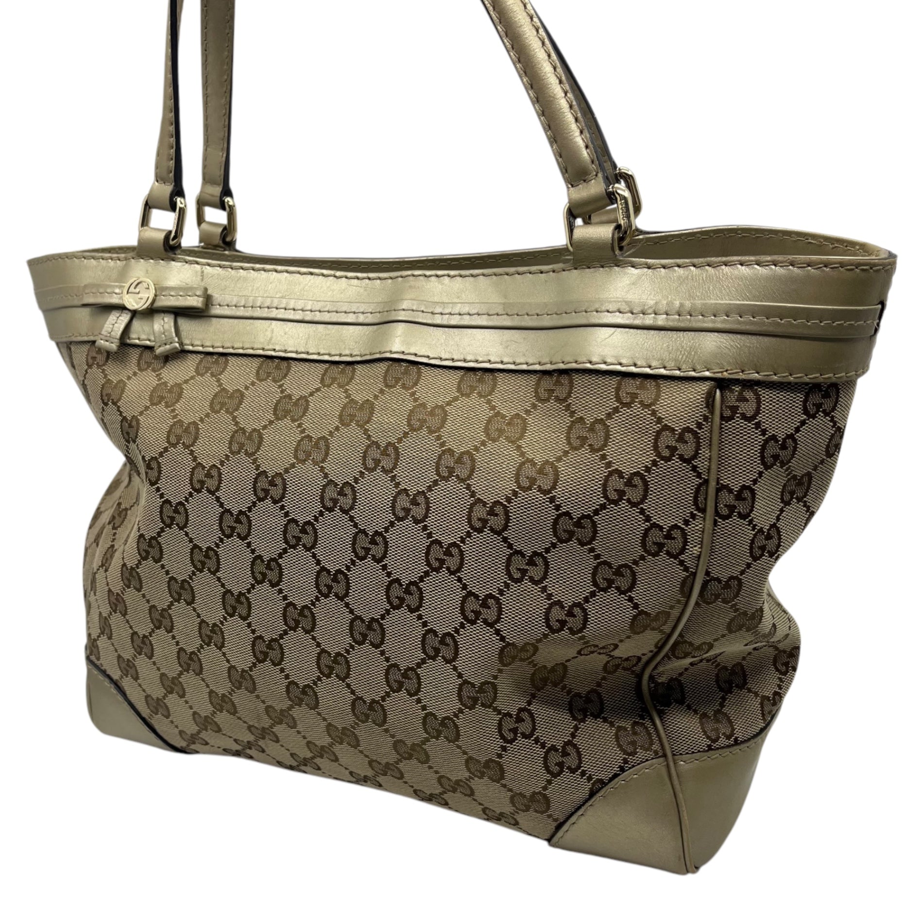 GUCCI(グッチ) GG canvas leather handbag GG キャンバス レザー ハンドバッグ 257061 486628 ベージュ×ゴールド リボン ロゴ