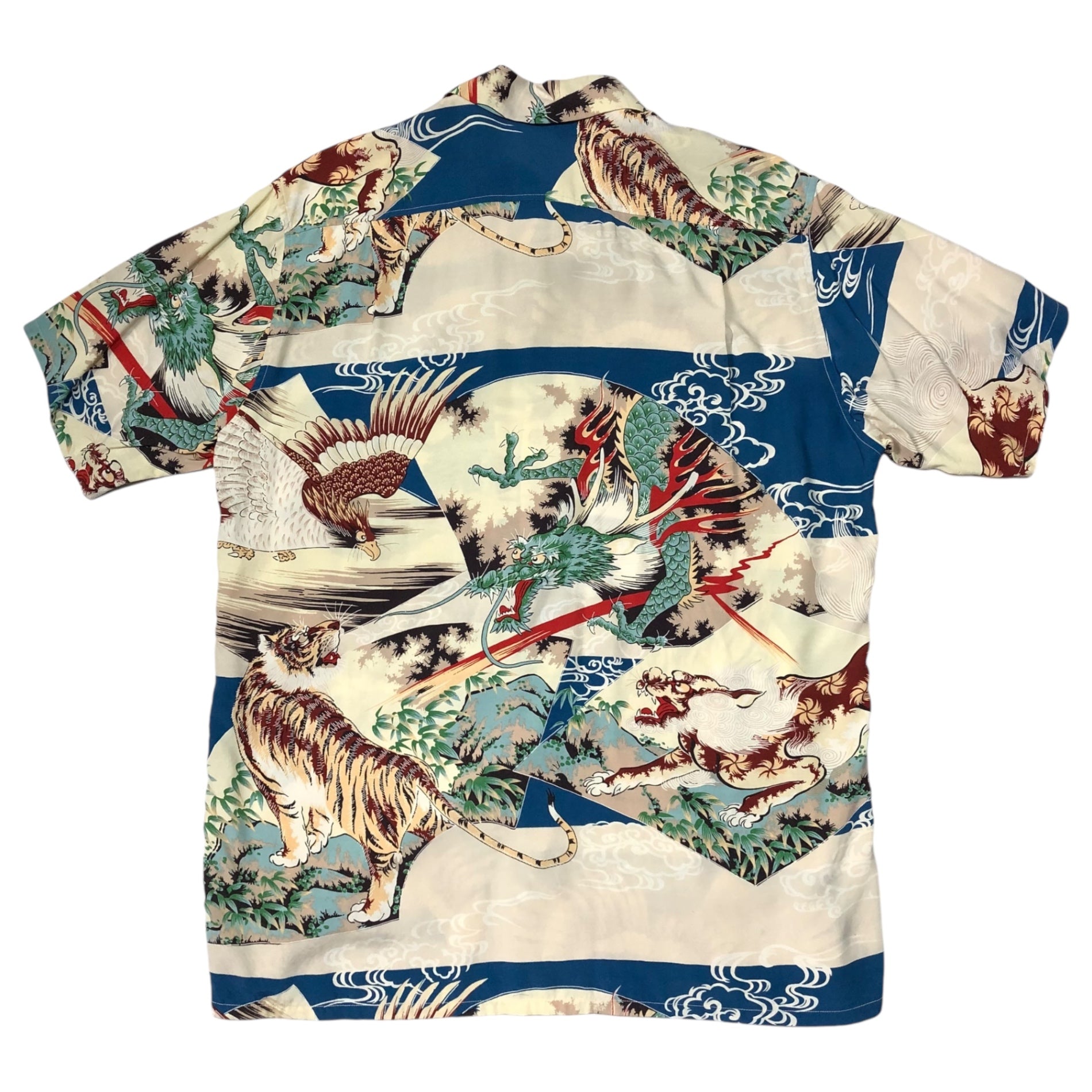 SUN SURF(サンサーフ東洋) RAYON S/S SPECIAL EDITION EAGLE, TIGER, DRAGON ＆ LION  レーヨン アロハ シャツ SS35498 L アイボリー×ネイビー 龍 ドラゴン 虎 タイガー