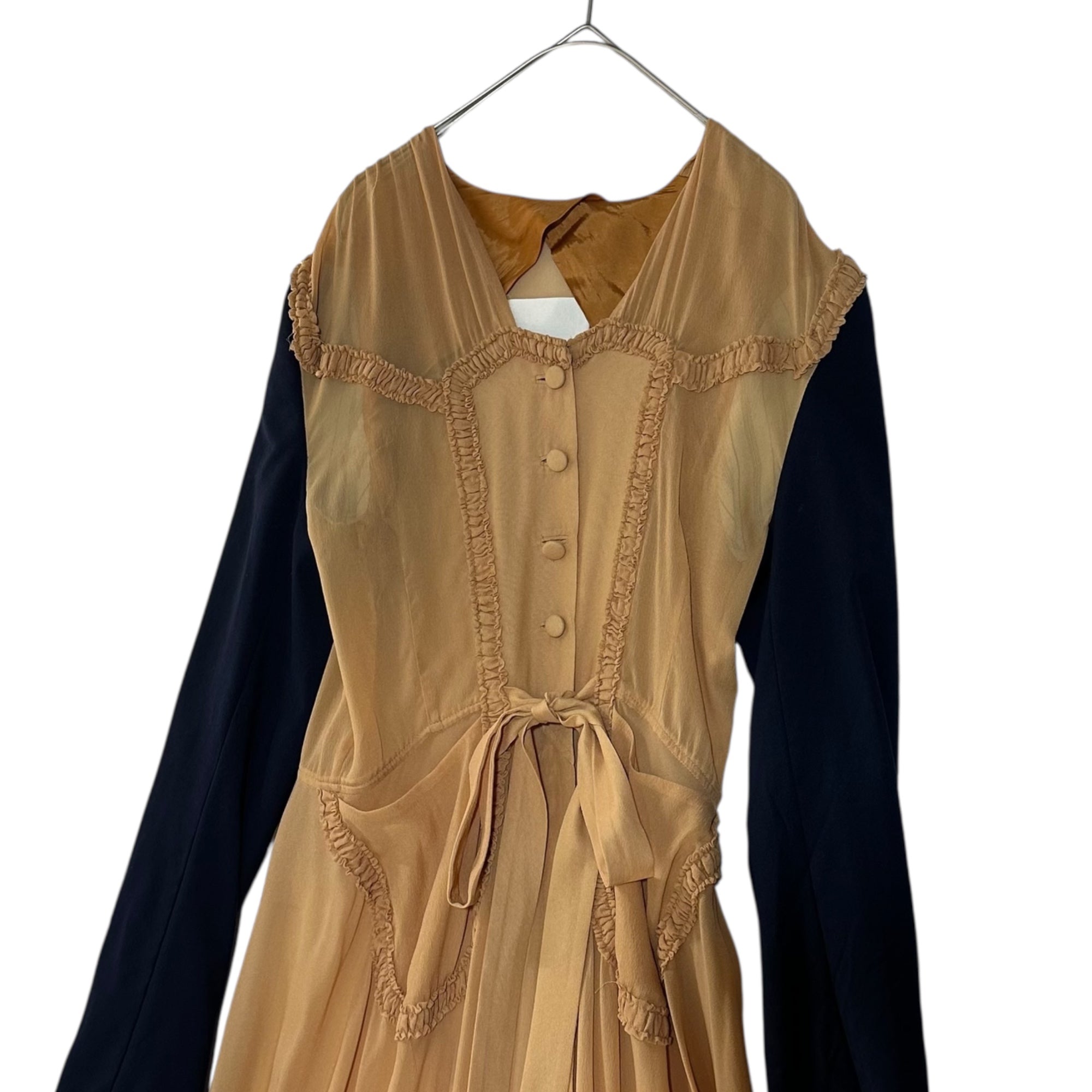 MAISON MARGIELA(メゾンマルジェラ) 21SS Co-Ed Tailored Sleeve Sheer Frill Dress テーラード スリーブ シアー フリル ドレス 表記無(40程度) ベージュ×ネイビー 白タグ