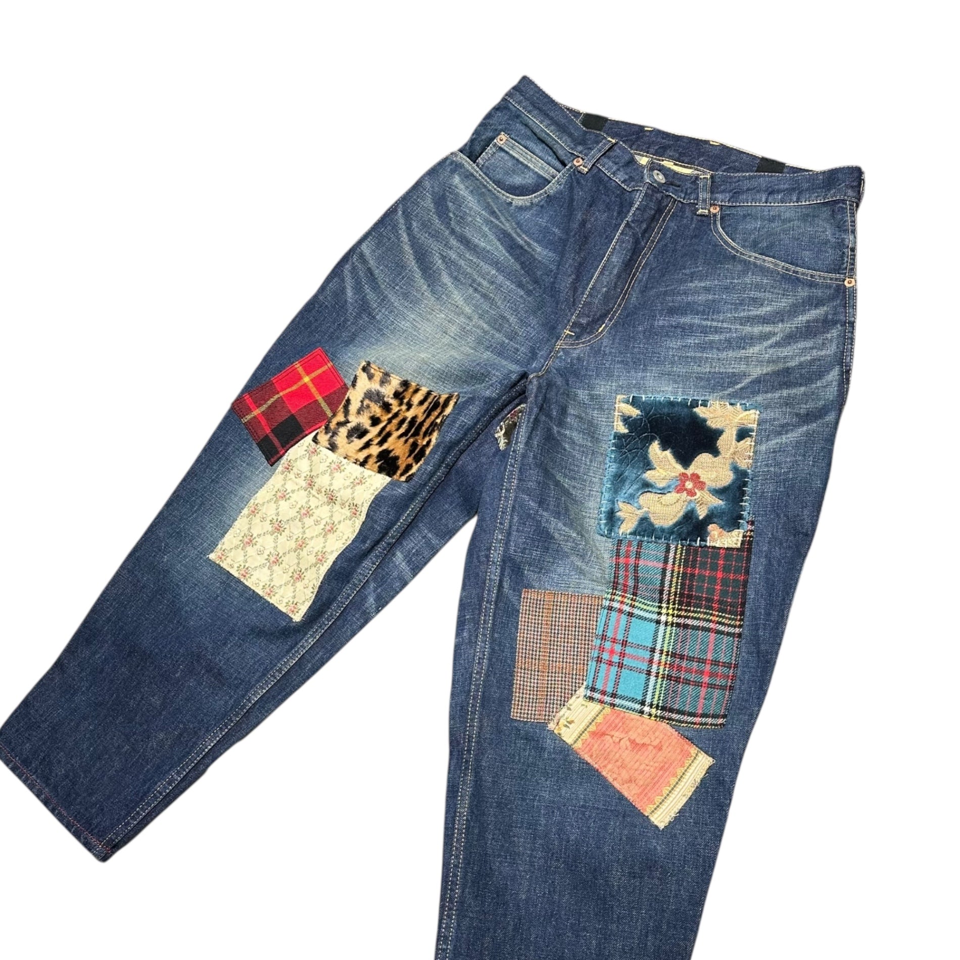 COMME des GARCONS JUNYA WATANABE(コムデギャルソンジュンヤワタナベ)  17AW Mixed-material patchwork tapered denim pants 異素材 パッチワーク テーパード デニム パンツ XT-P009 S インディゴ×マルチカラー AD2017