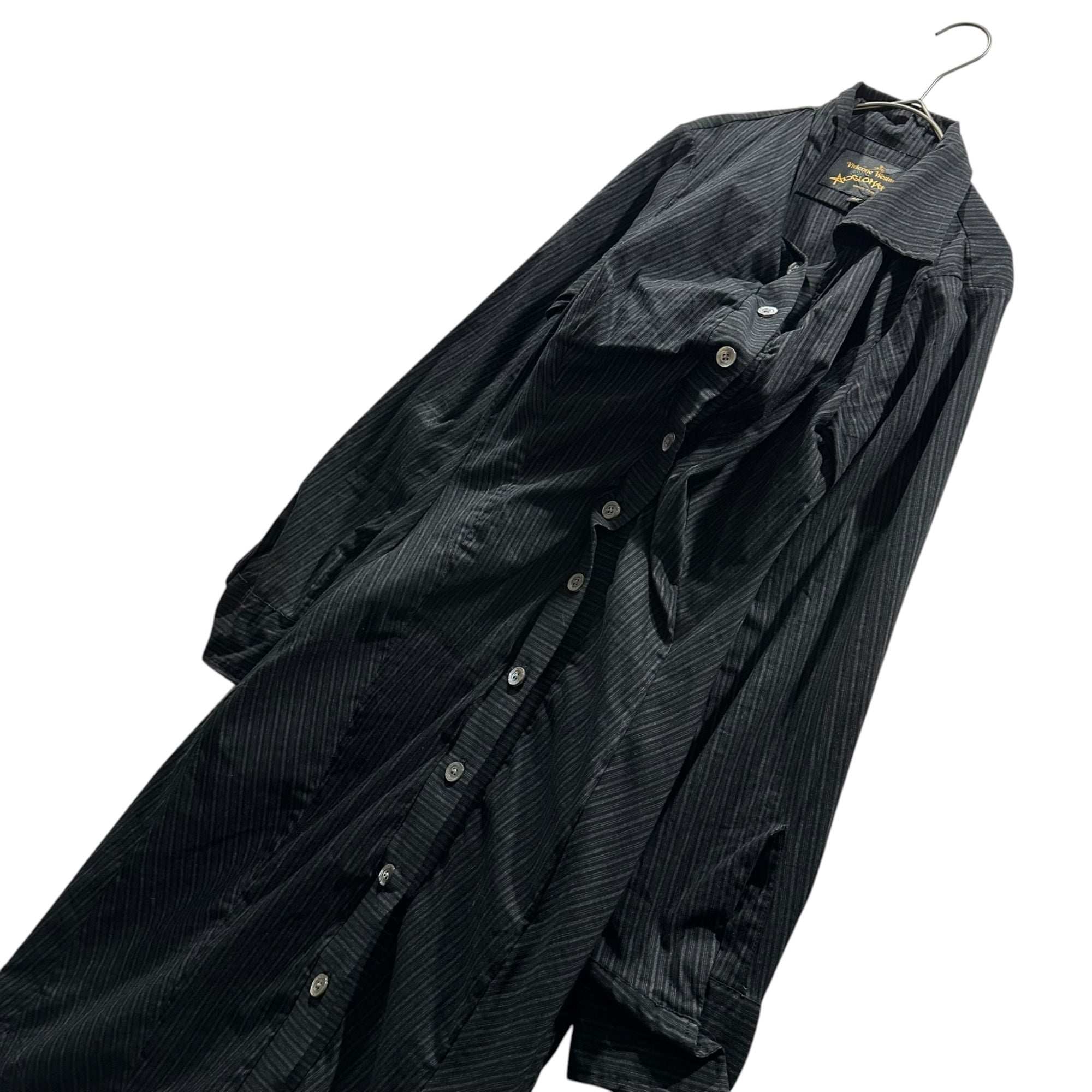 Vivienne Westwood ANGLOMANIA(ヴィヴィアンウエストウッドアングロマニア) Wavy silhouette long shirt dress 歪み うねり ロング ストライプ シャツ ワンピース 14-03-572013 42 ブラック