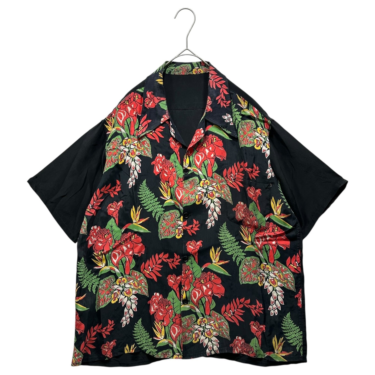 VINTAGE(ヴィンテージ) 50～60's Front Floral Pattern Aloha Shirt 50年～60年代 フロント 花柄 アロハシャツ XL程度 ブラック×レッド×グリーン 総シルク 稀少カラー ハンドメイド