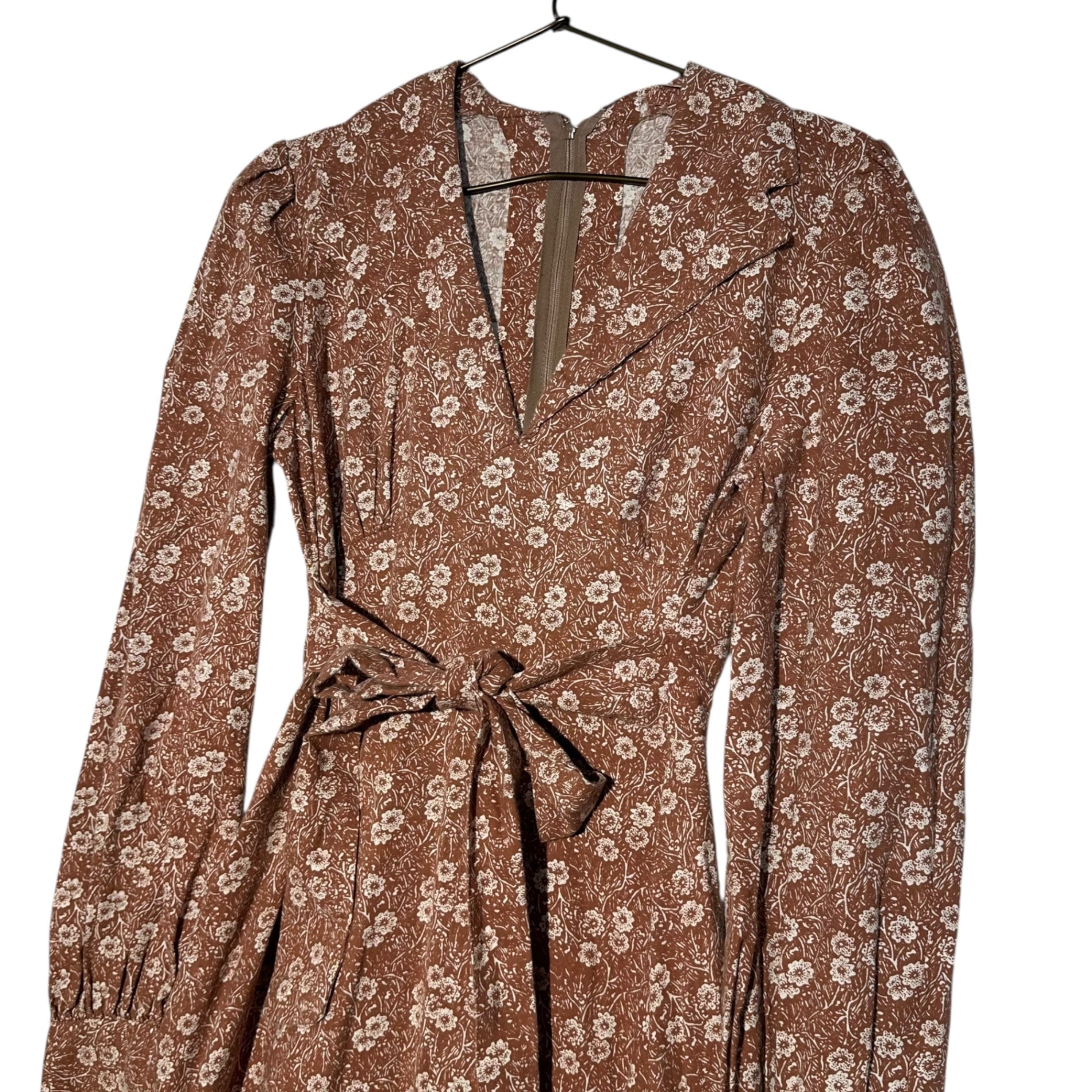 VINTAGE(ヴィンテージ) 70's~small floral pattern long onepiece ベルト付き小花柄のロングワンピース M~L程度 ブラウン×ホワイト