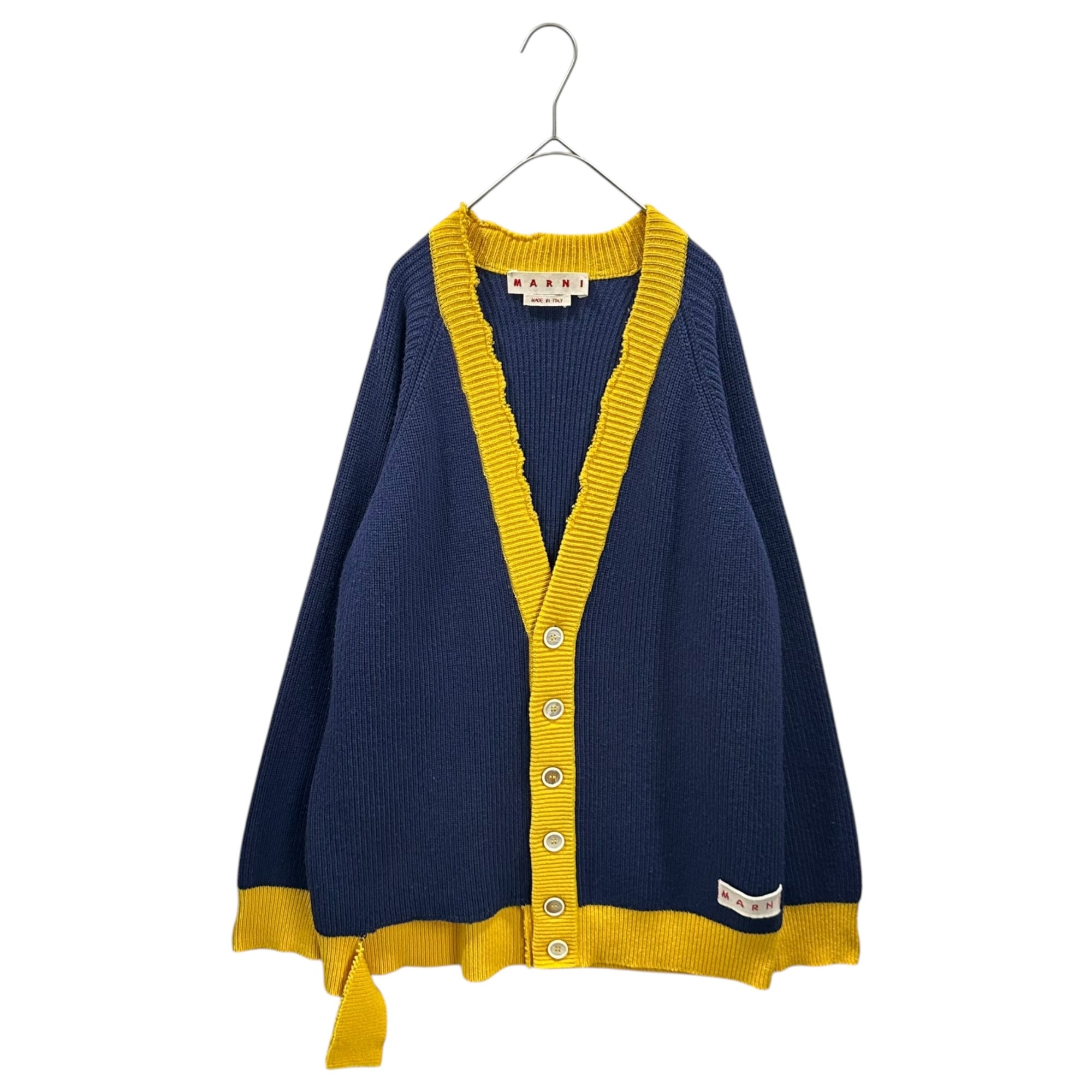 MARNI(マルニ) 2023AW Broken Fisherman Cardigan ブロークン フィッシャーマン カーディガン CDMD0256Q1 40 ネイビー×イエロー ダメージ加工
