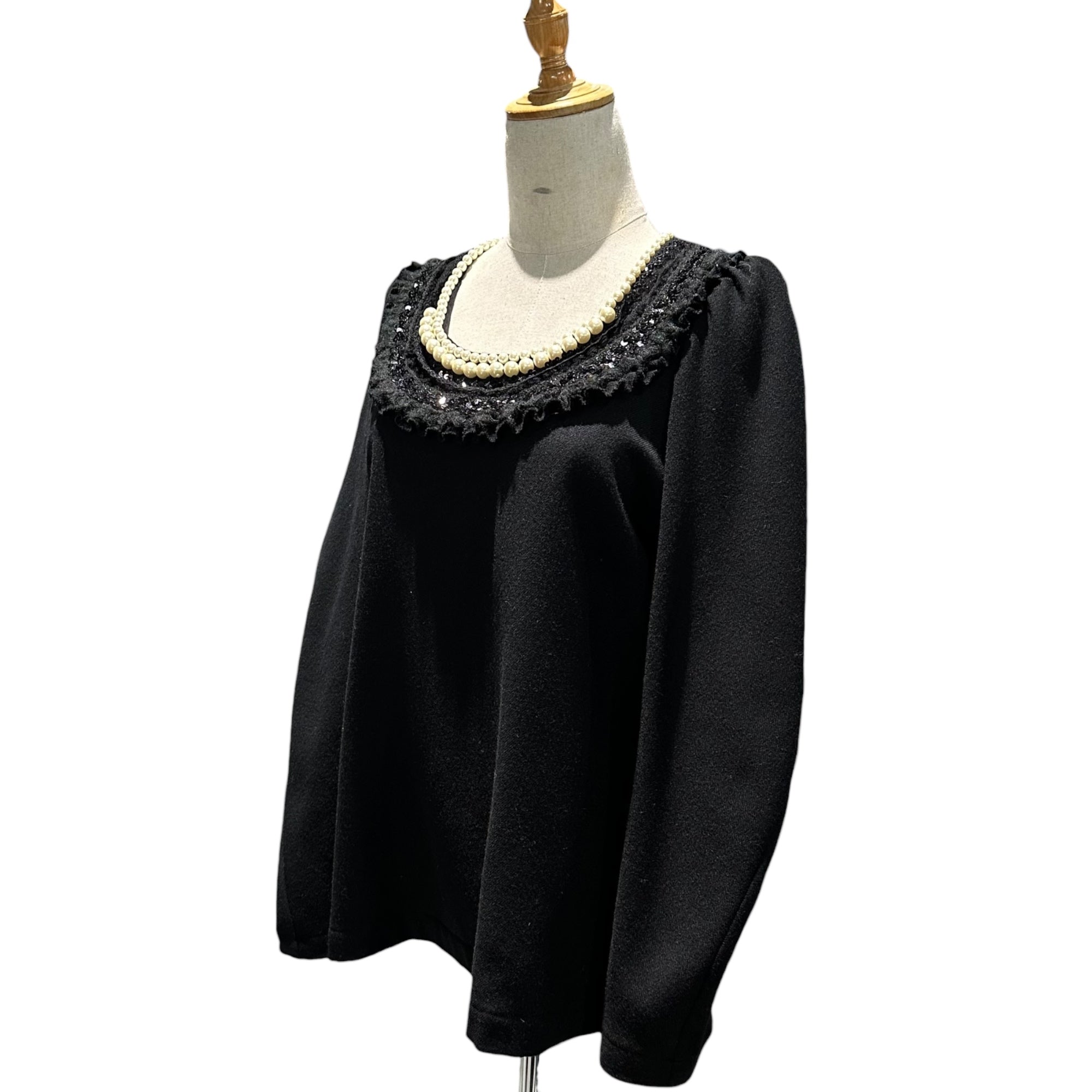 tricot COMME des GARCONS(トリココムデギャルソン) 06AW Pearl-Fringed Decorative Wool Pullover Sweatshirt パール フリル 装飾 ウール プルオーバー スウェット TR-B013 S ブラック×アイボリー AD2006 裏起毛
