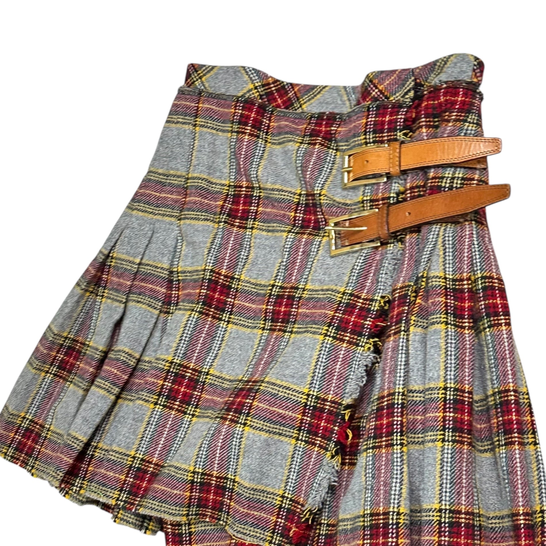 D&G(ディー&ジードルガバドルチェ&ガッバーナ) Woolen rolled skirt with checkered pattern and belt チェック柄 ベルト付 ウール 巻き スカート  40(L程度) グレー×レッド 品質表示タグ切取