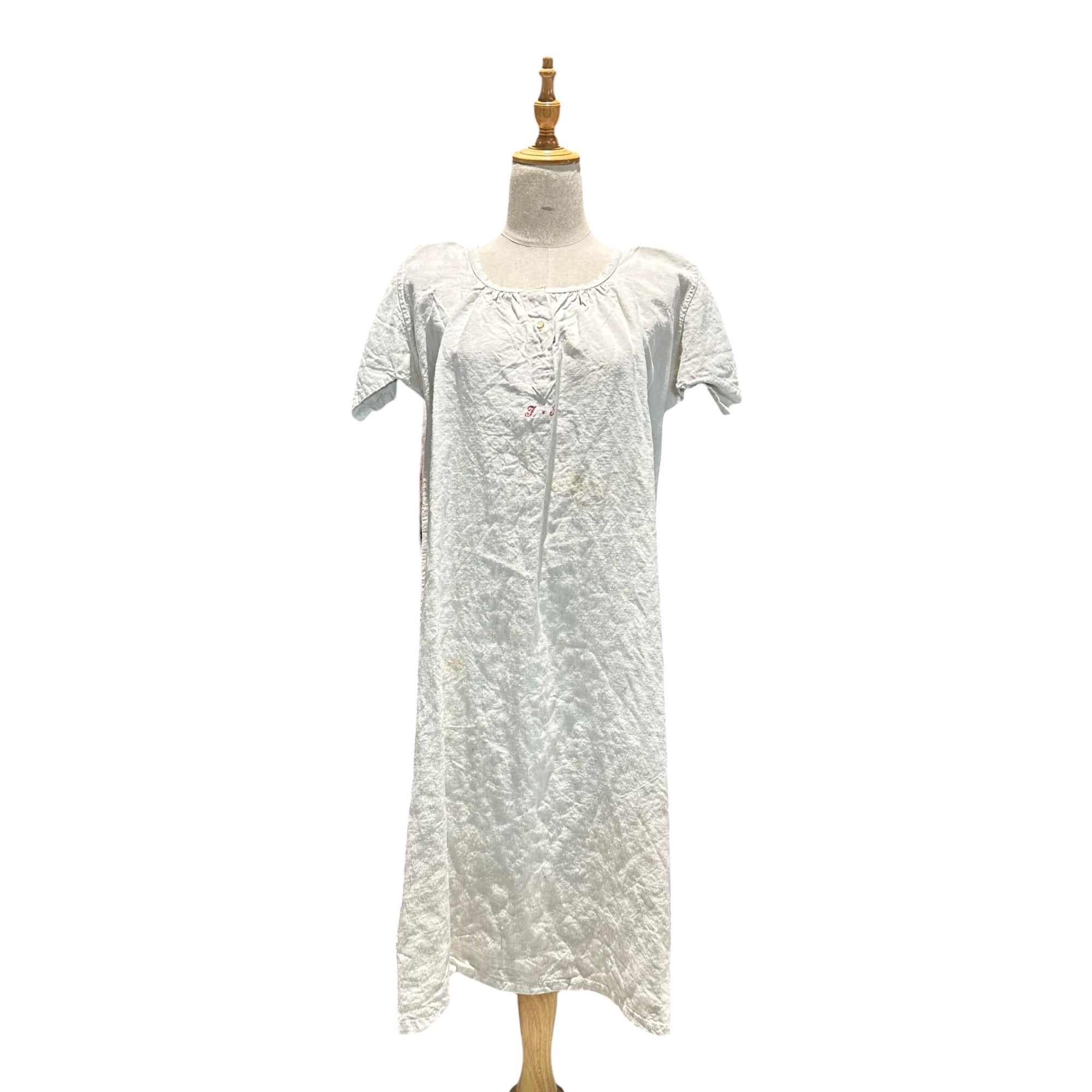 Euro antique(ヨーロッパアンティーク) 00's~ 「FB」_red name stich victoria cotton short sleeve onepiece ネーム刺繡入りヴィクトリアンコットン半袖ワンピース 表記無し(M～L程度) ベージュ / 染み有
