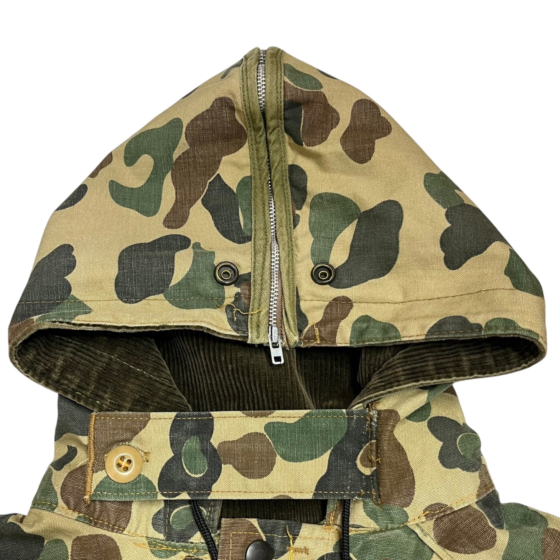 SAFTBAK(サフトバック) 70's~80's Hooded Camo Hunting Jacket フーデッド カモフラ ハンティング ジャケット L程度 カーキ 70年代～80年代 ヴィンテージ 古着 迷彩 コットン