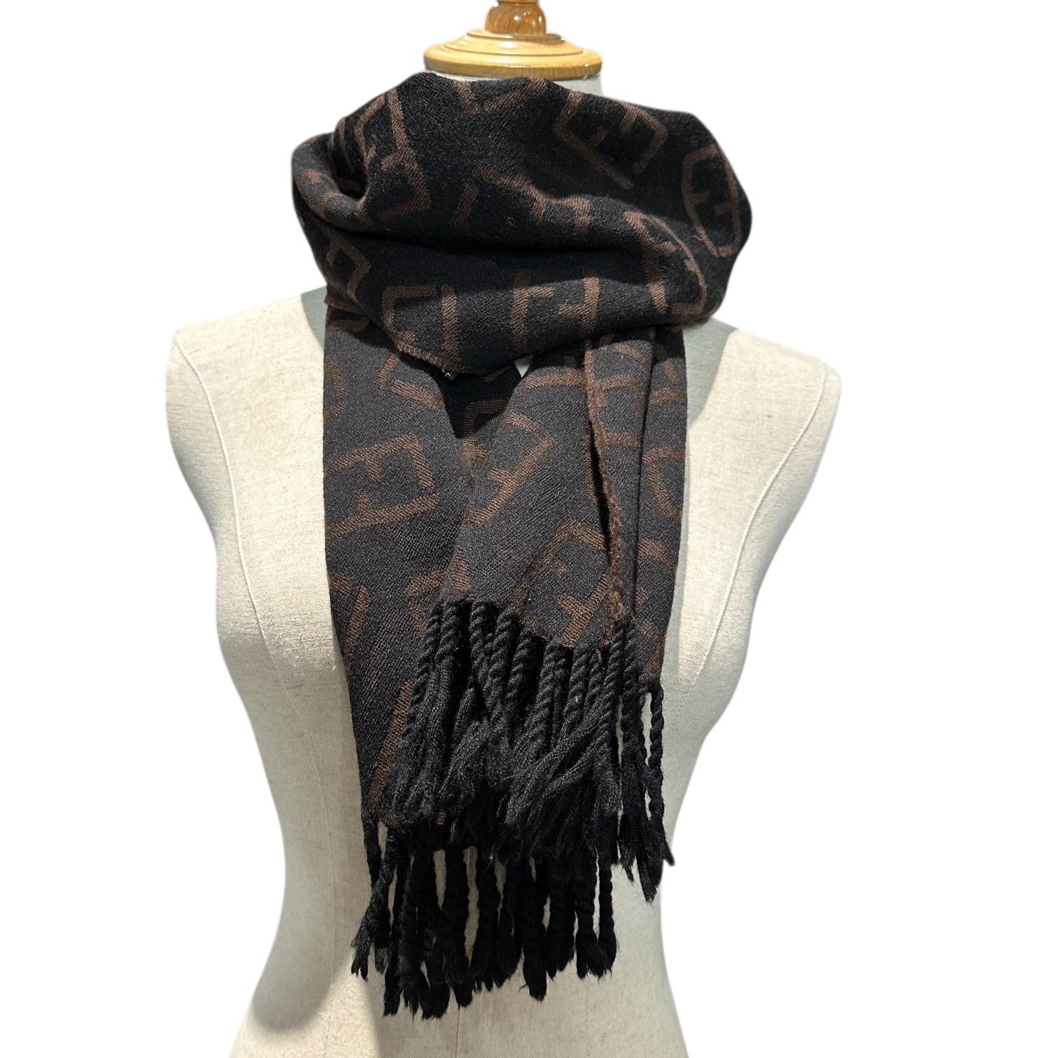FENDI(フェンディ) Zucca-Print Wool Scarf ズッカ柄 ウール マフラー ブラウン×ブラック