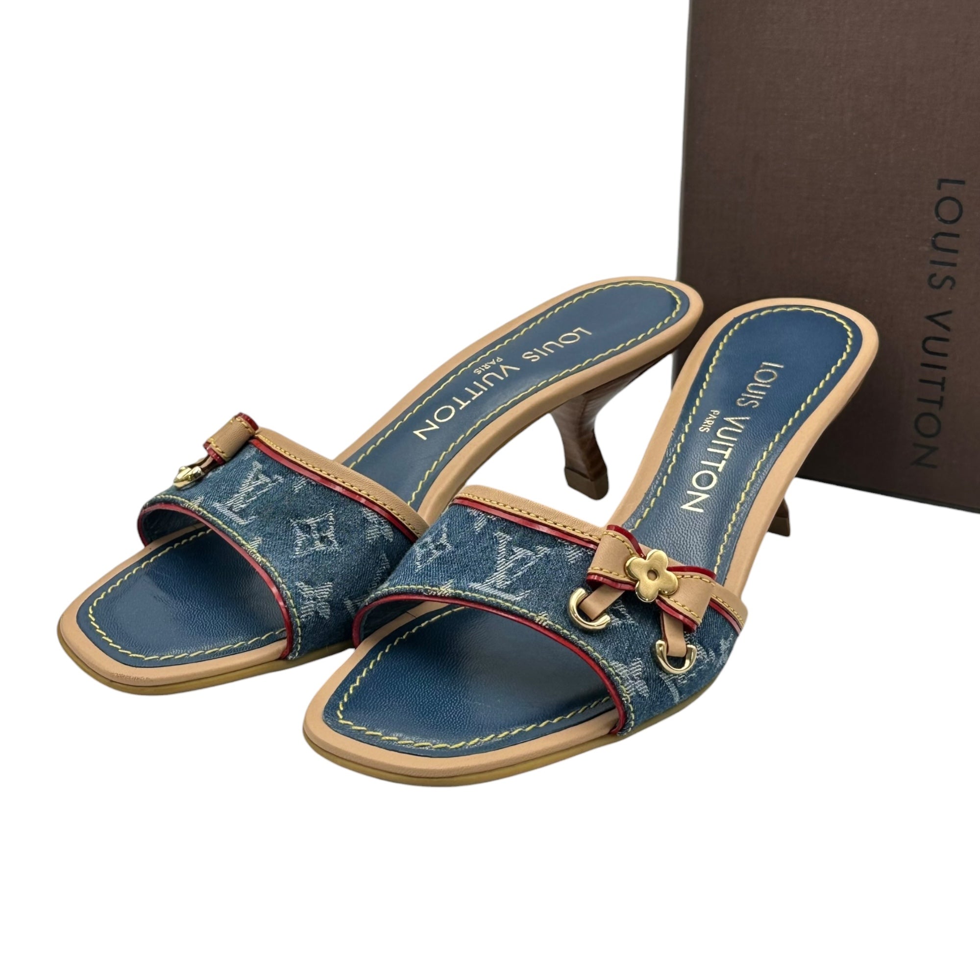 LOUIS VUITTON(ルイヴィトン) Monogram Denim Ribbon Mules モノグラム デニム リボン ミュール 35 1/2(22.5cm〜23cm) インディゴ×ベージュ AR0085 サンダル