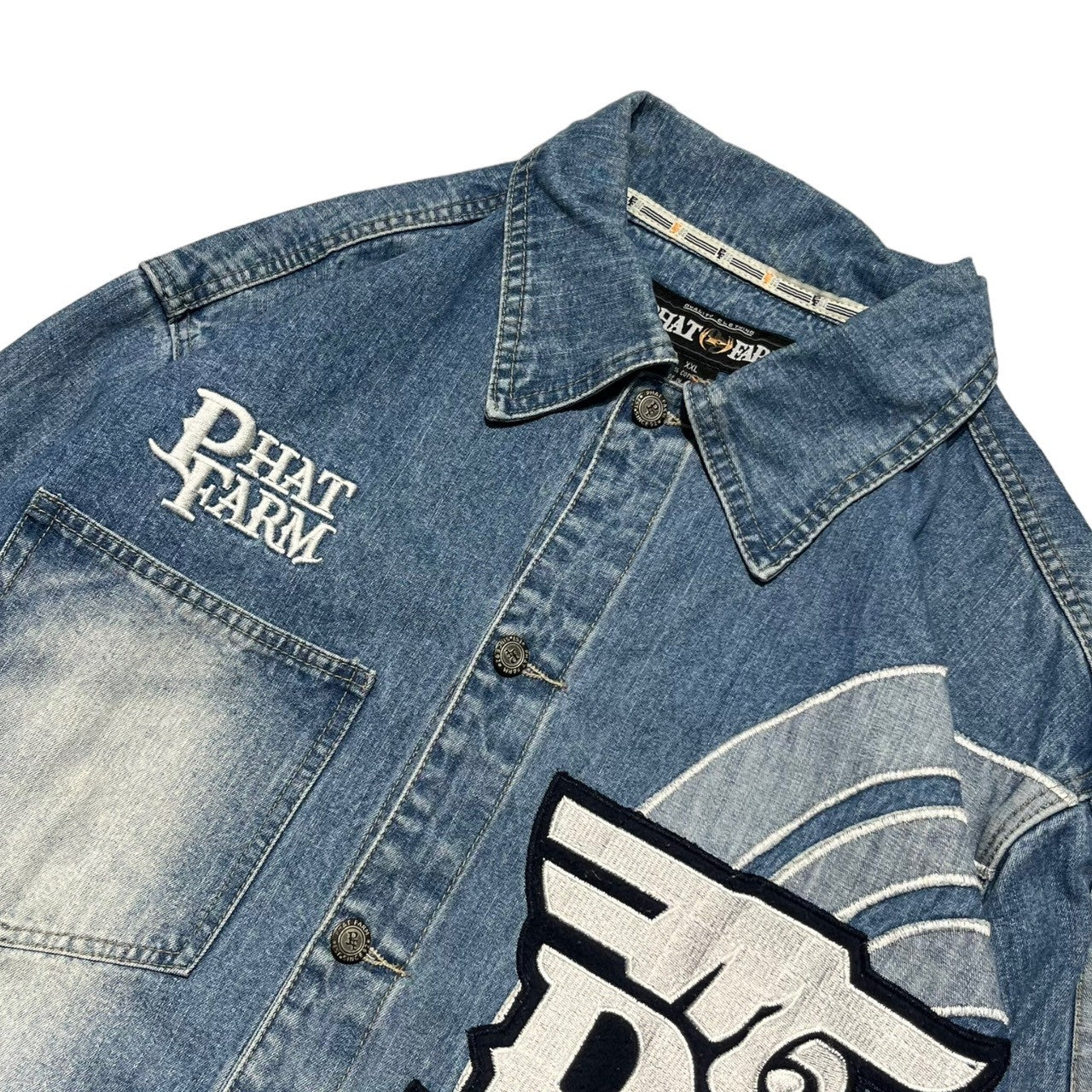 PHAT FARM(ファットファーム) 00's patch denim shirt ワッペン デニムシャツ Y2K B-BOY XXL  ライトインディゴ