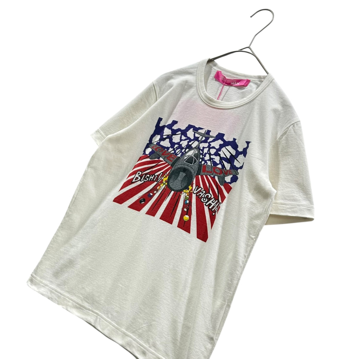 COMME des GARCONS JUNYA WATANABE MAN PINK(コムデギャルソンジュンヤワタナベマンピンク) 2004SS ”BISHI VASHI!” fighter jet 戦闘機 Tシャツ UM-T004 表記無(S程度) ホワイト AD2003 00's ピチT
