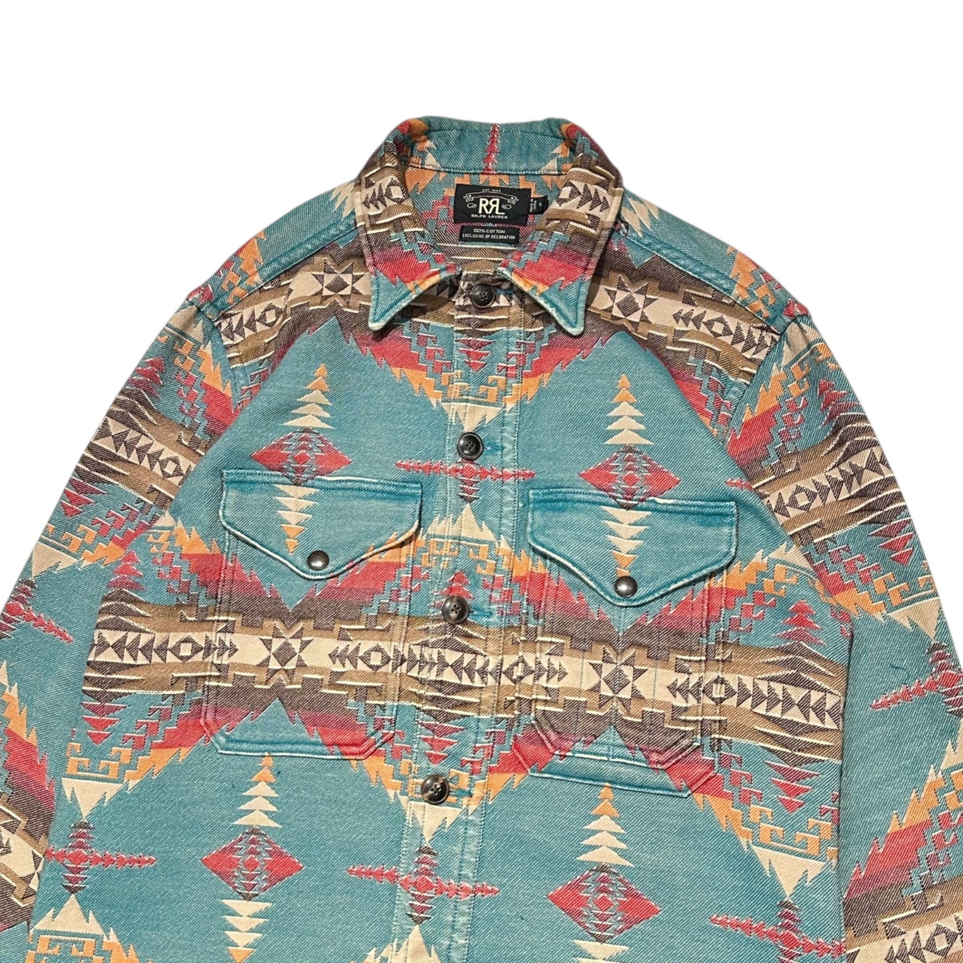 RRL(ダブルアールエル) NATIVE JACQUARD OVER SHIRT ネイティブ柄 コットン ジャガード エルボーパッチ シャツ ジャケット S ターコイズブルー×ブラウン