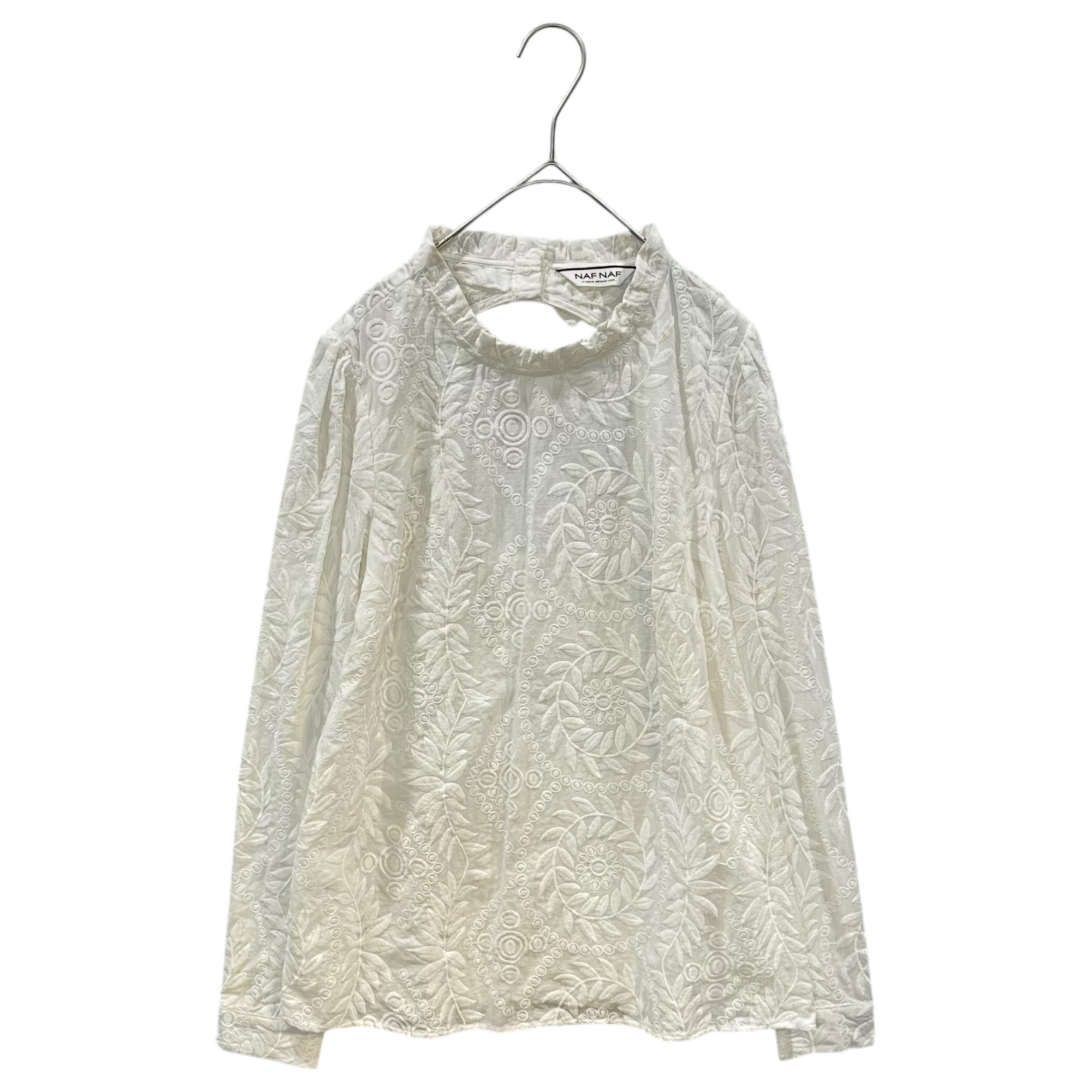 Euro vintage(ヨーロッパヴィンテージ) 70's~white embroidered frill high neck open back design blouse バックリボンデザインの総刺繍デザインブラウス Lサイズ程度 ホワイト