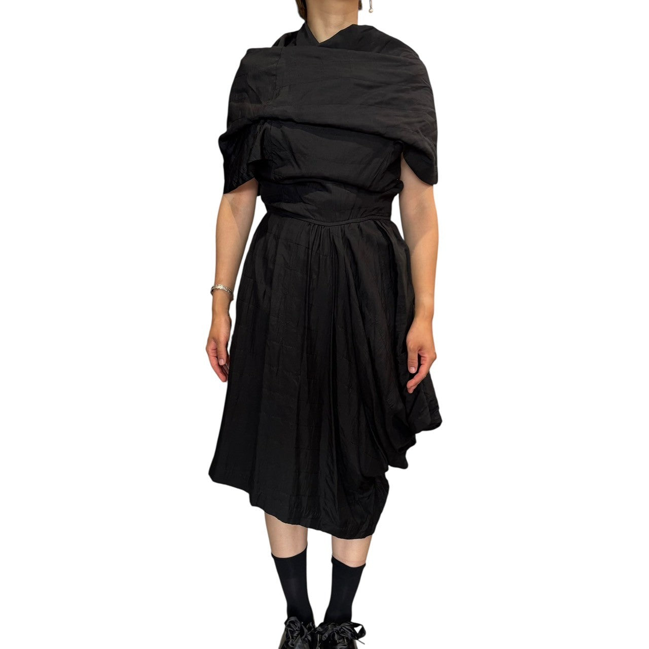 COMME des GARCONS NOIR(コムデギャルソンノアール) 80's Silk Quilted Stitch Cape Asymmetrical Dress シルク キルティング ステッチ ケープ アシンメトリー ワンピース AO-05009 M ブラック AD表記無し 80年代 アーカイブ
