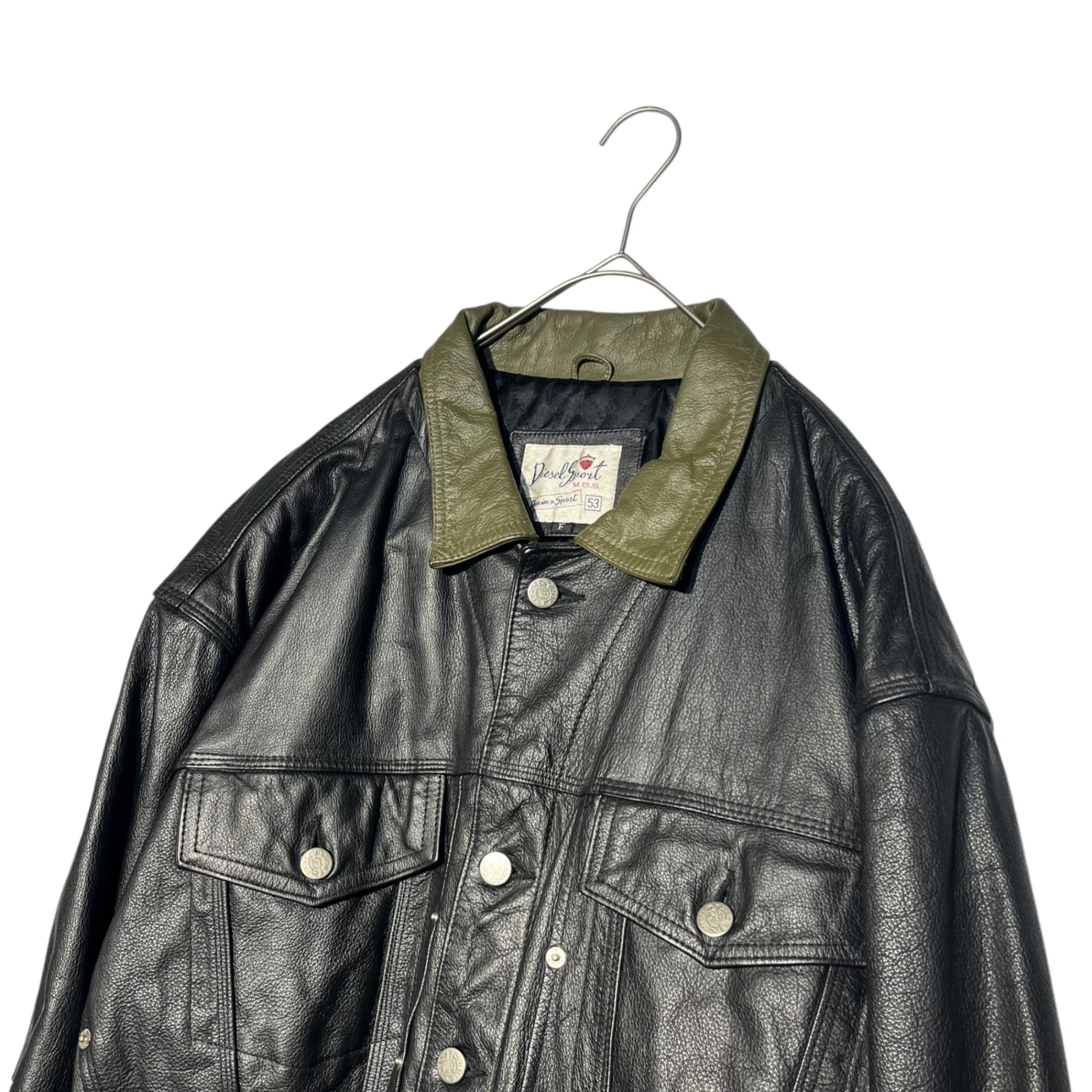 DIESEL SPORT(ディーゼルスポーツ) 90's LEATHER BICOLOR TRUCKER JACKET レザー バイカラー トラッカー ジャケット FREE ブラック×カーキ 90年代 スタジャン リブ カウレザー アーカイブ