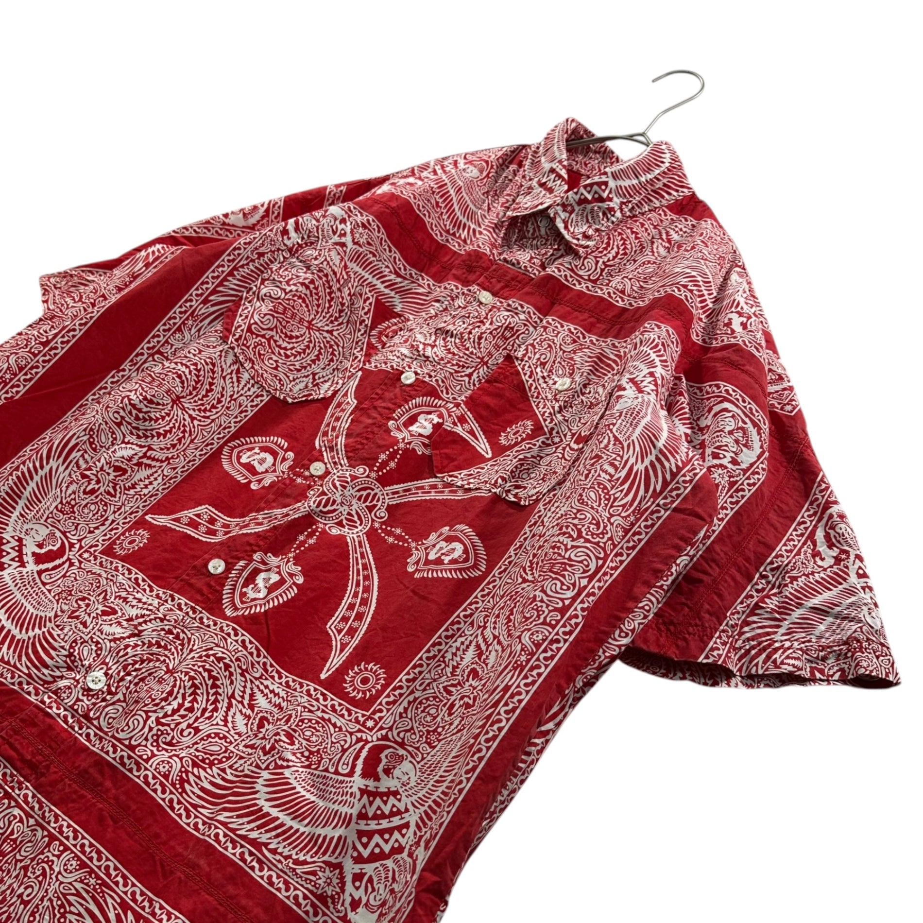 STUSSY(ステューシー) Bandana-print cotton S/S shirt バンダナ柄 コットン 半袖 シャツ XL レッド×ホワイト