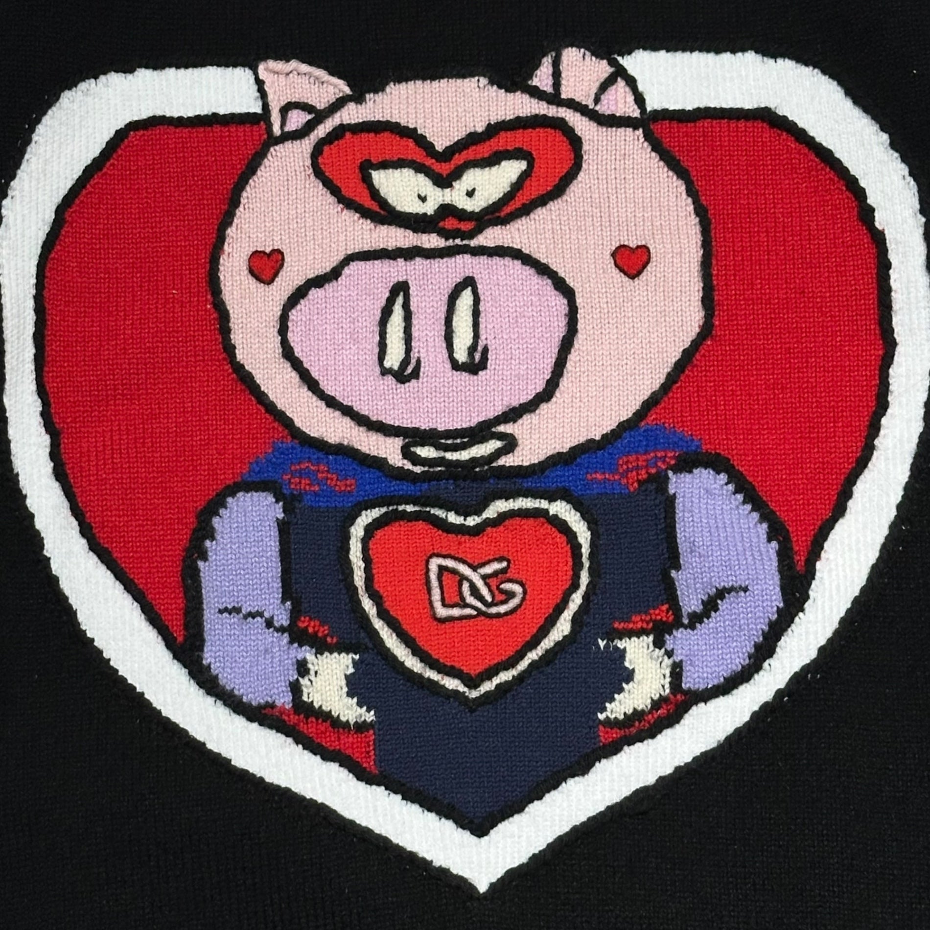 DOLCE&GABBANA(ドルチェ&ガッバーナドルガバ) Pig of the Year cashmere knit ピック 刺繍 カシミア クルーネック ニット GX455T JAWKW 48(M程度) ブラック×レッド 豚 ブタ