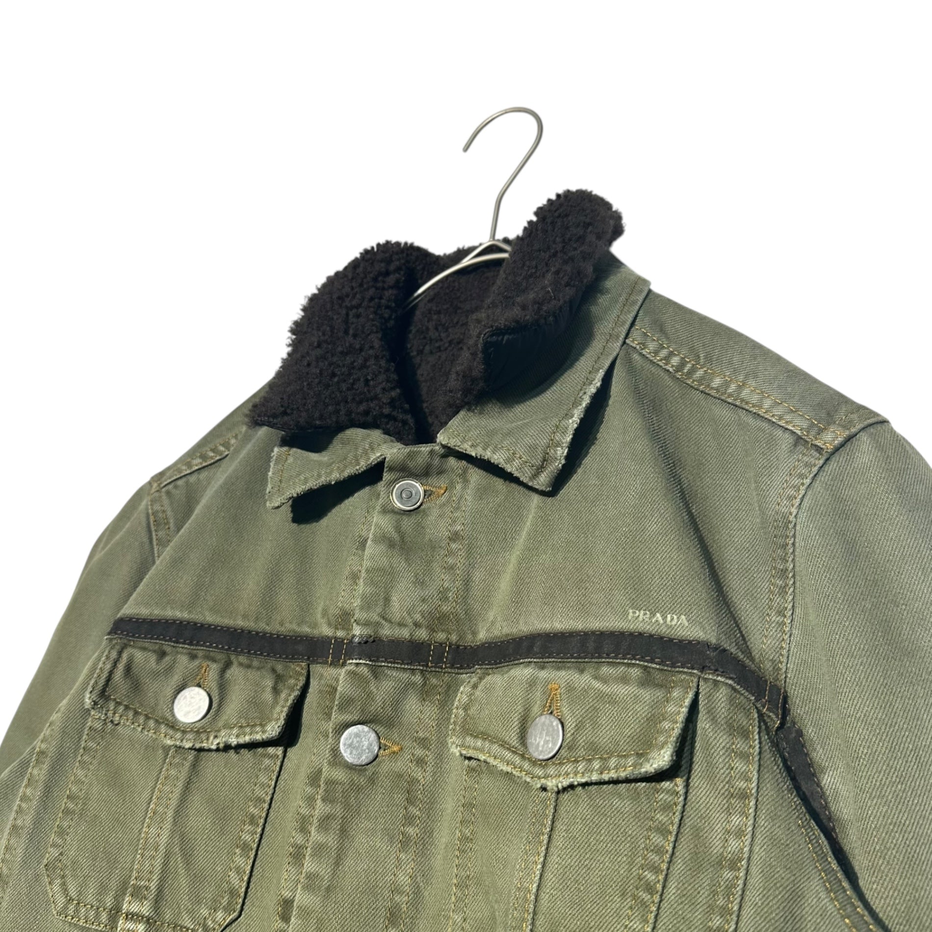 PRADA(プラダ) 00's Leather line shearling boa trucker jacket レザー ライン ムートン ボア トラッカー ジャケット 46(SM程度) カーキ アーカイブ デニム ロゴ ライナー着脱可 SPORT