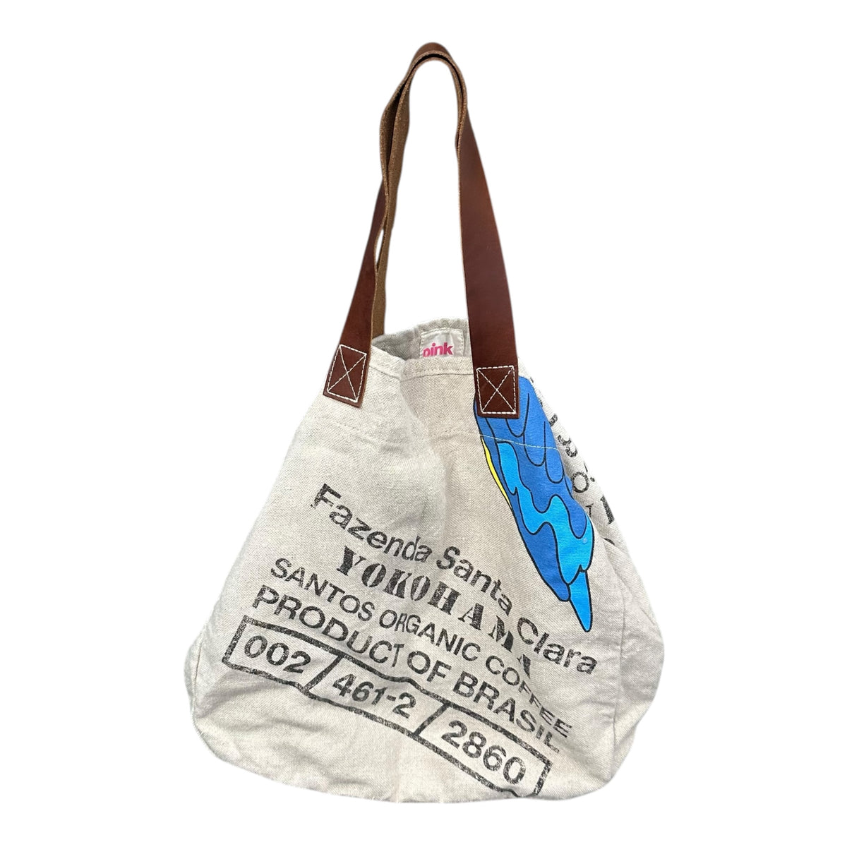 COMME des GARCONS JUNYA WATANABE MAN PINK(コムデギャルソンジュンヤワタナベマンピンク) 2000's Coffee sack tote bagコーヒー豆袋 プリント リネン トート バッグ UM-K213 アイボリー×ブラウン レザー ハンドル