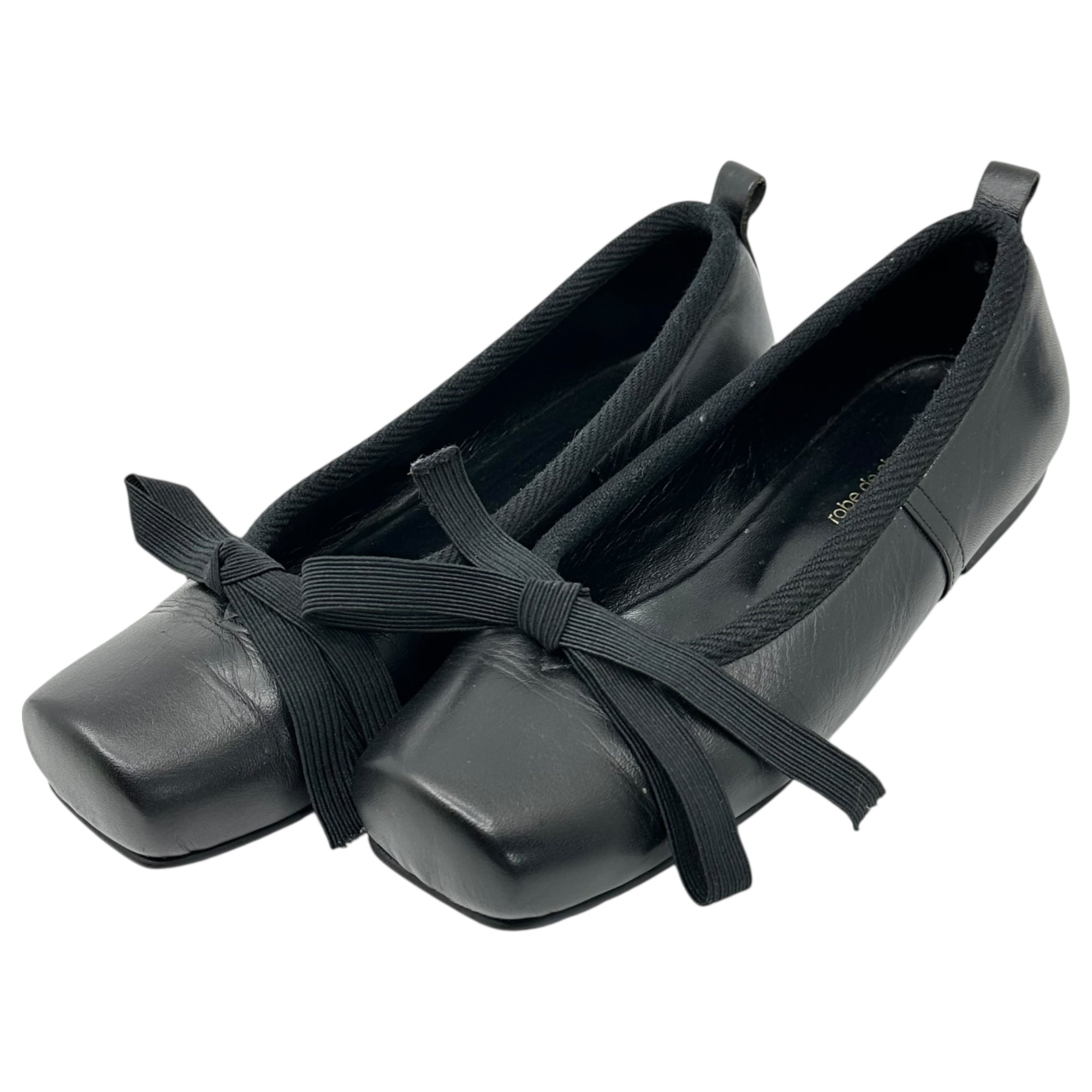 robe de chambre COMME des GARCONS(ローブドシャンブルコムデギャルソン) Square-Toe Ribbon Ballet Shoes スクエアトゥ リボン バレエ シューズ 22.5cm ブラック パンプス フラット ヴィンテージ 稀少アイテム