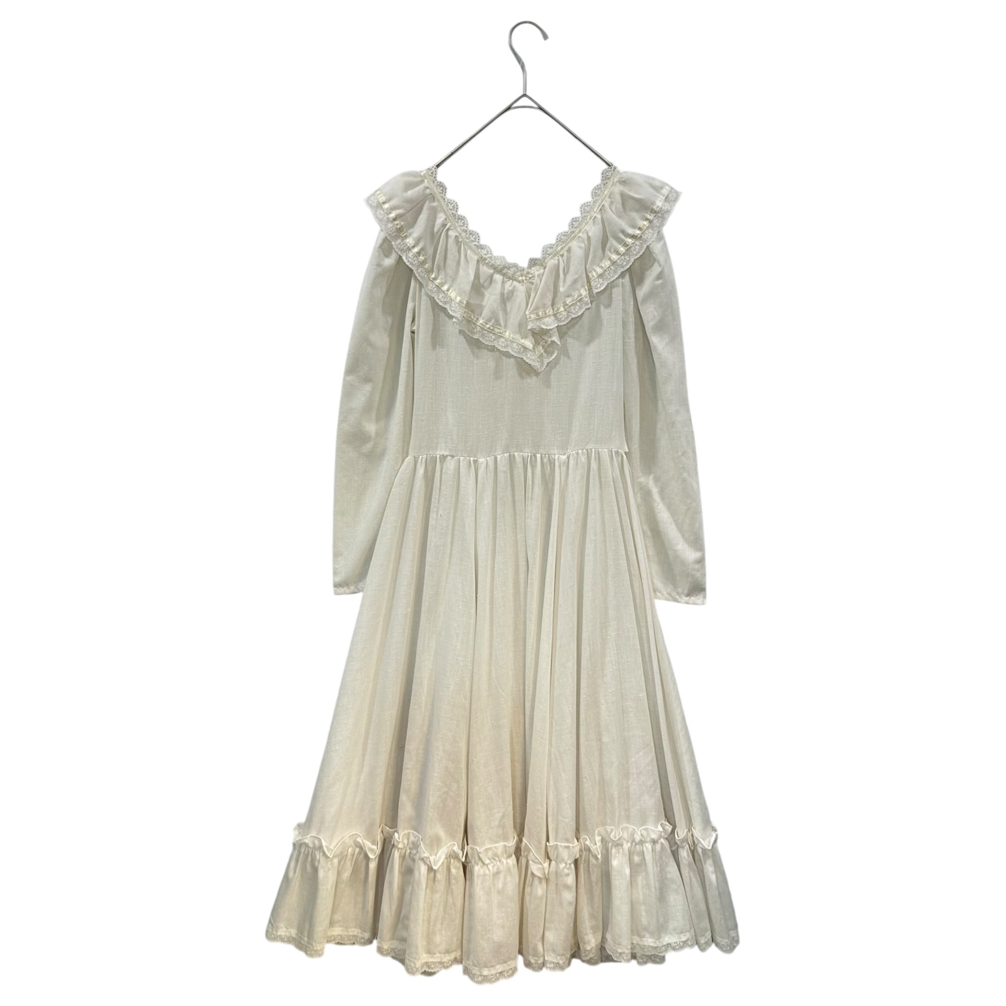 GUNNE SAX(ガニーサックス) 70's ribbon and lace long onepiece ふんわりギャザーとレースの長袖ワンピース Mサイズ程度 ホワイト