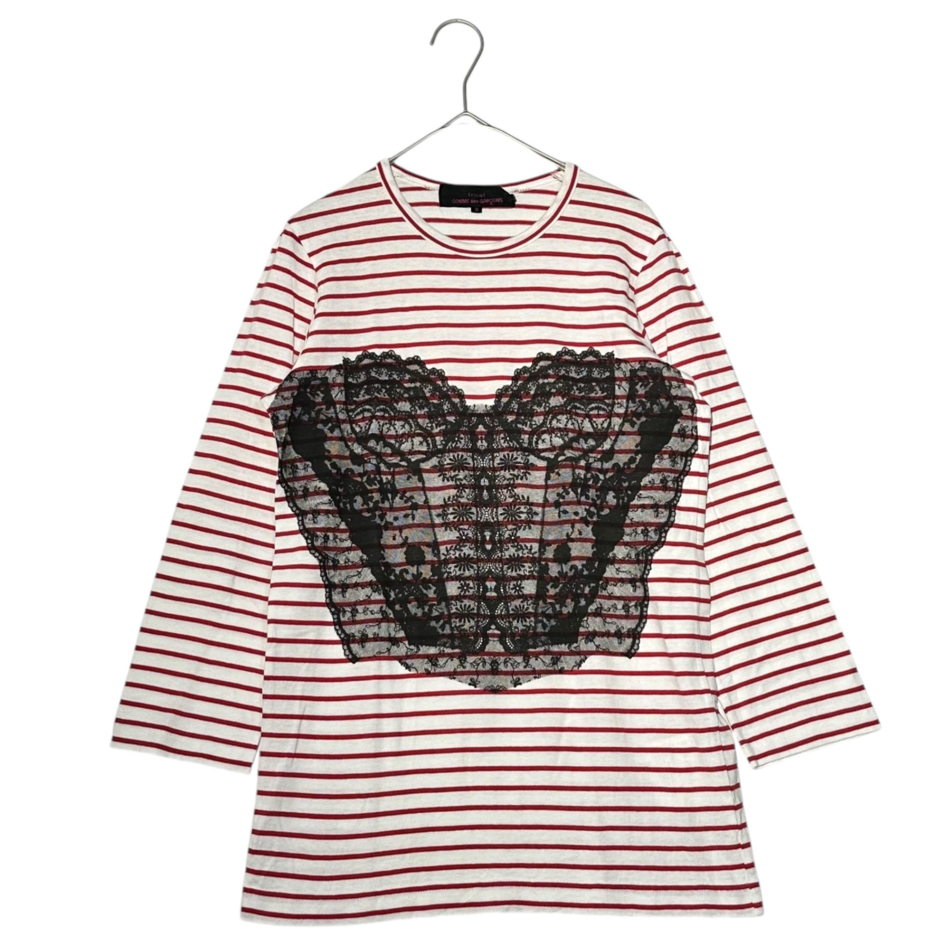 tricot COMME des GARCONS(トリココムデギャルソン) 11AW Lace Heart Print Border L/S T-Shirt レース ハート プリント ボーダー 長袖 Tシャツ TH-T213 S ホワイト×レッド AD2011