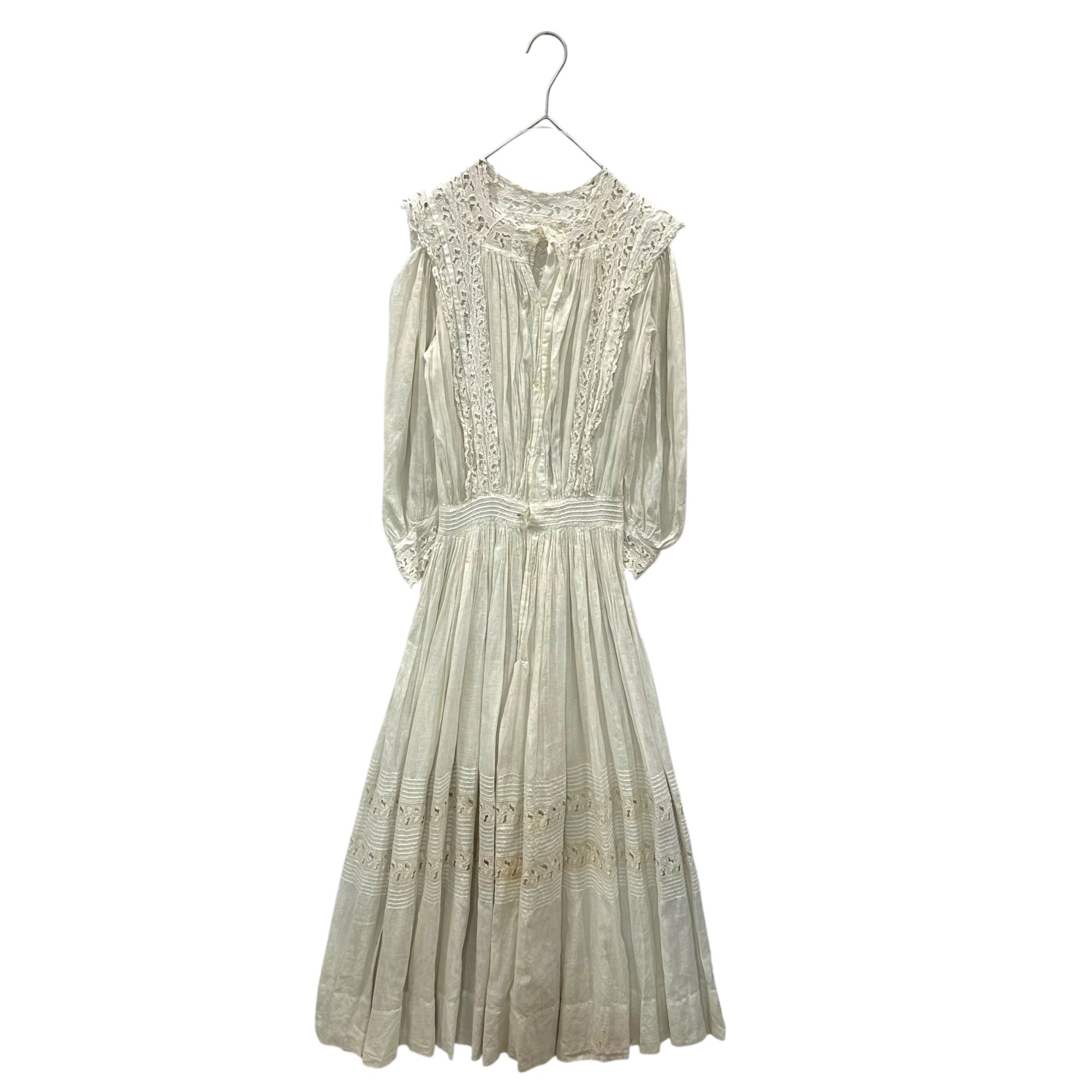 Euro antique(ヨーロッパアンティーク) cotton lace long dress onepiece コットンの七分袖のドレス ワンピース 肩幅約37cm,ウエスト約52㎝/全体的にダメージ有 ホワイト