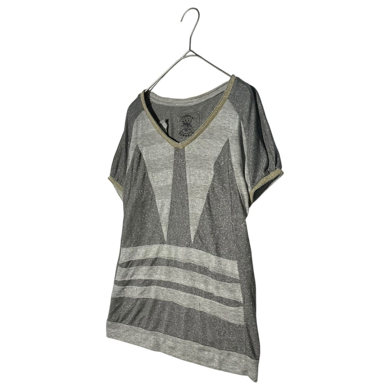 MARITHE FRANCOIS GIRBAUD(マリテフランソワジルボー) 00's V-neck stretch lamé short-sleeved knit-and-sew Vネック ストレッチ ラメ 半袖 ニットソー 表記無(FREE) グレー Y2K Tシャツ