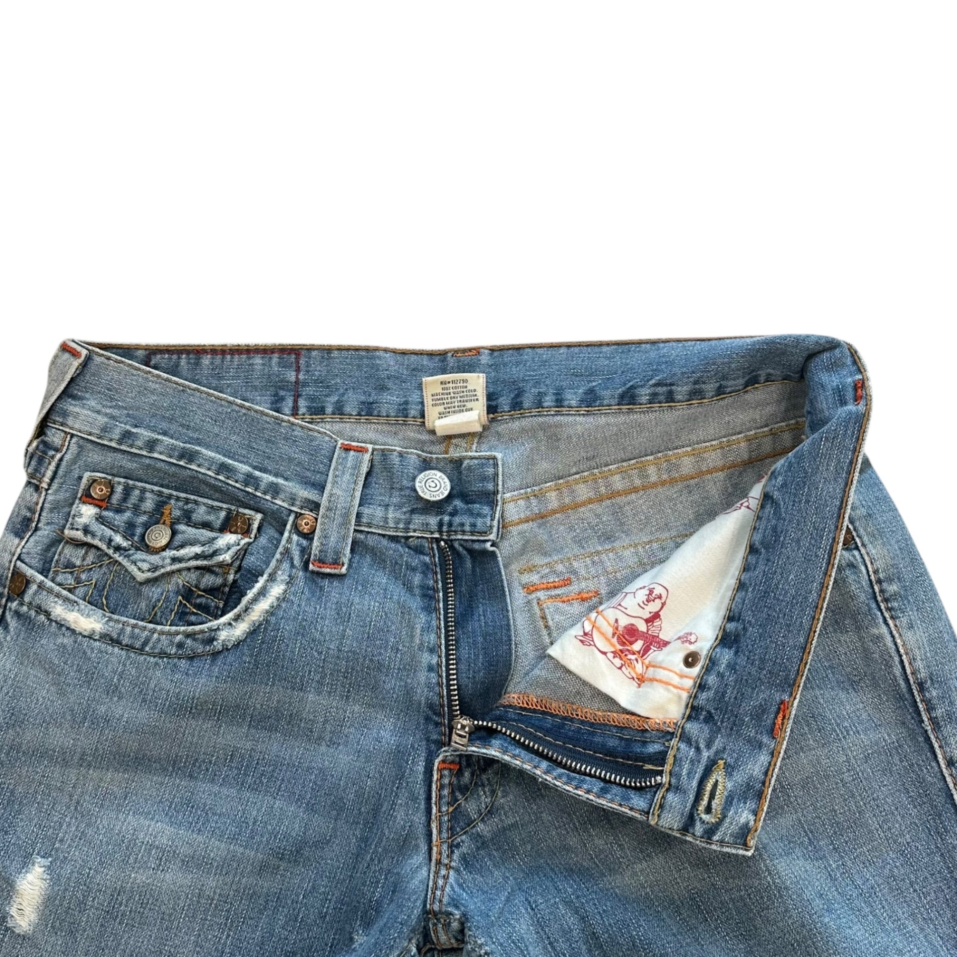 TRUE RELIGION(トゥルーレリジョン) 00's Leather Pocket Wide Flare Denim Pants レザー ポケット ワイド フレア デニム パンツ 04-803LF W33 L33 ライトインディゴ Y2K