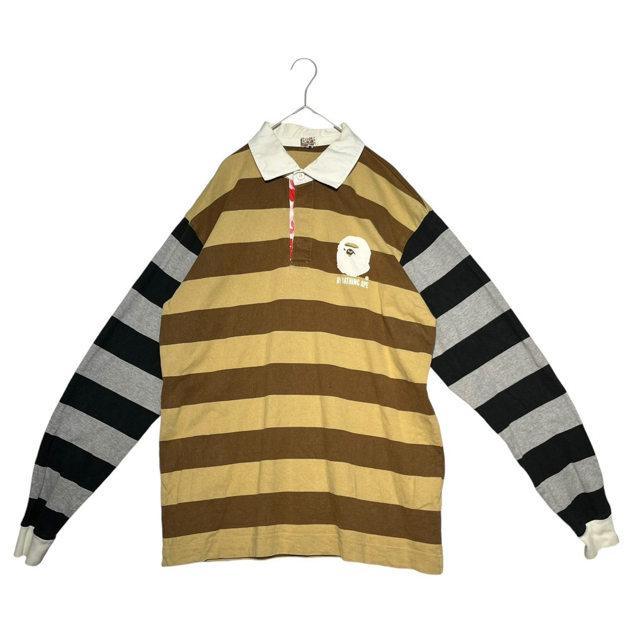 BAPE BY A BATHING APE(ベイプ バイ ア ベイシングエイプ)  00's One point logo switching long sleeve rugby shirt ワンポイント ロゴ 切替 長袖 ラグビーシャツ ラガーシャツ 猿 L パープル×グレー×ブラック