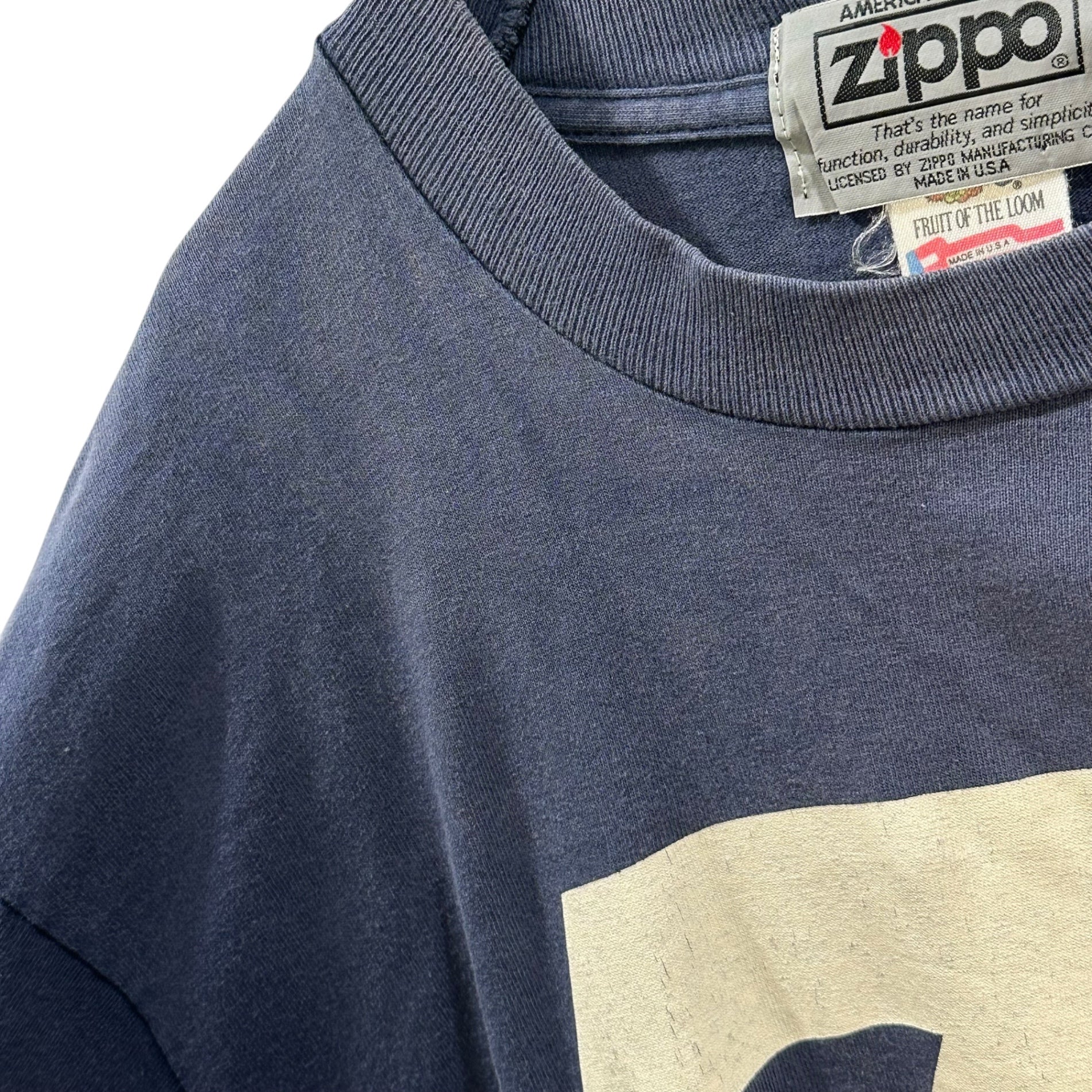 VINTAGE(ヴィンテージ) 90's ZIPPO Print L/S T-Shirt ジッポー プリント 長袖 Tシャツ ロンT M ネイビー フルーツボディ 裾シングルステッチ