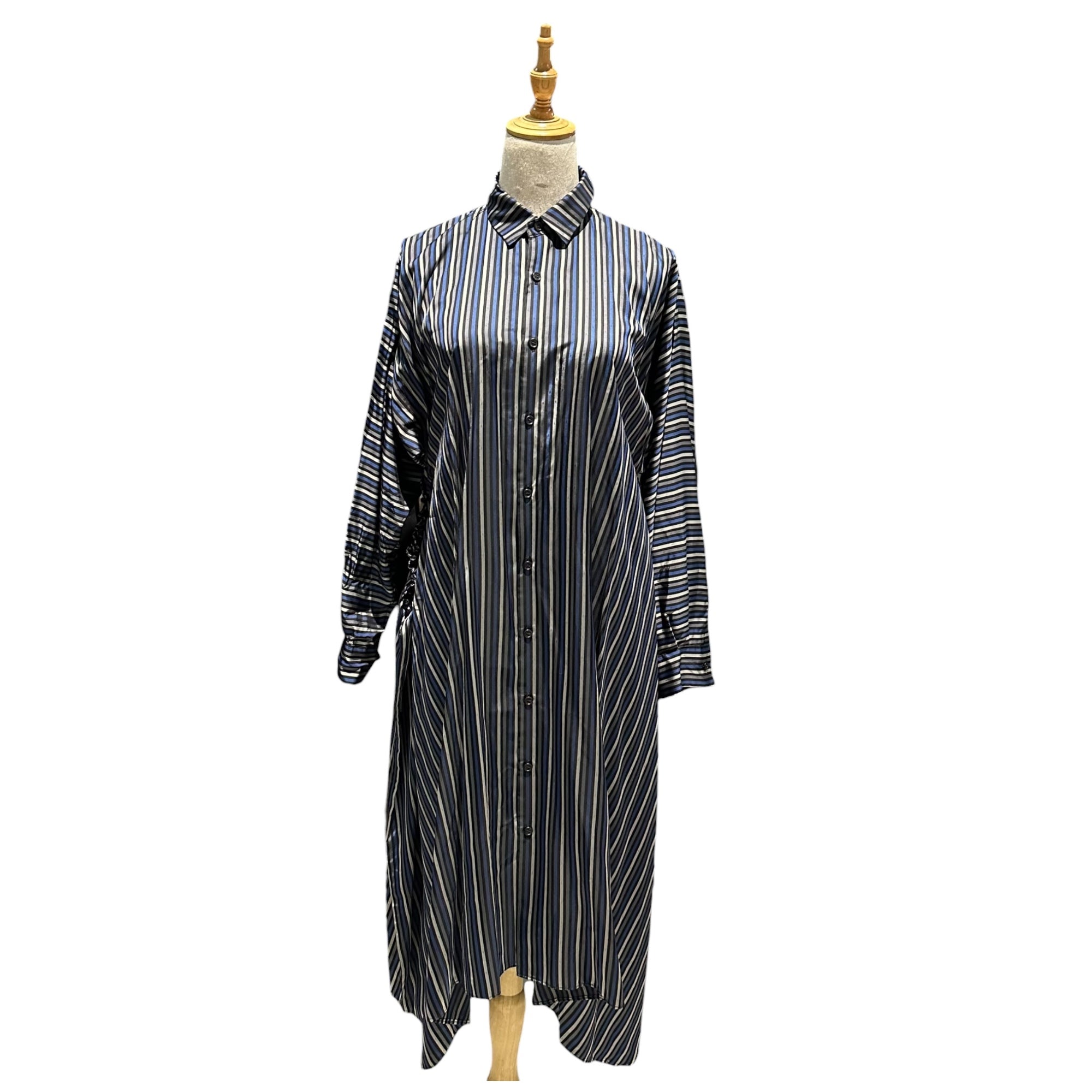 noir kei ninomiya(ノワールケイニノミヤ) 24SS Side-Gathered Striped Shirt Dress サイドギャザー ストライプ シャツ ワンピース 3M-O015 XS ブルー×ブラック AD2023 長袖 ロング キュプラ コムデギャルソン