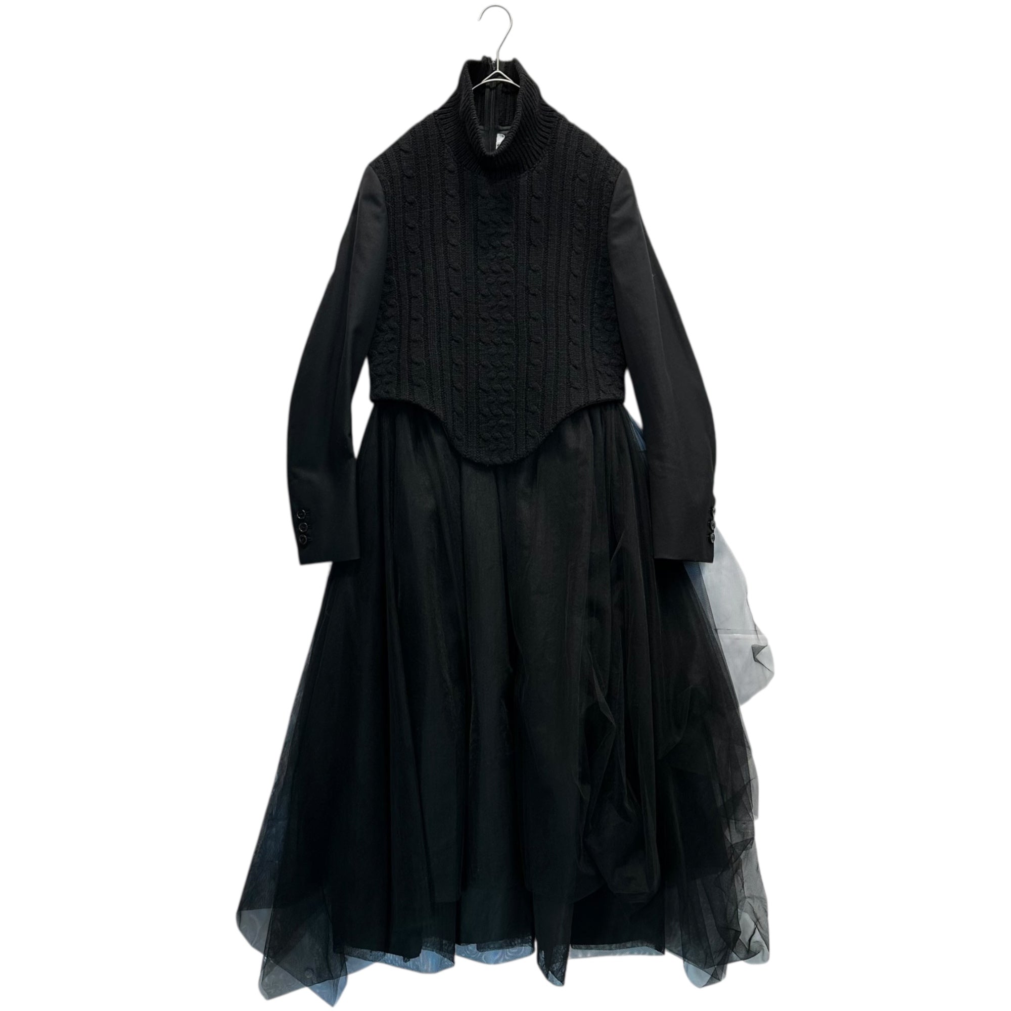 noir kei ninomiya(ノワールケイニノミヤ) 23AW Knit-Panel Tailored Sleeve Tulle Dress ニット切替 テーラード スリーブ チュール ワンピース 3L-O012 S ブラック AD2023