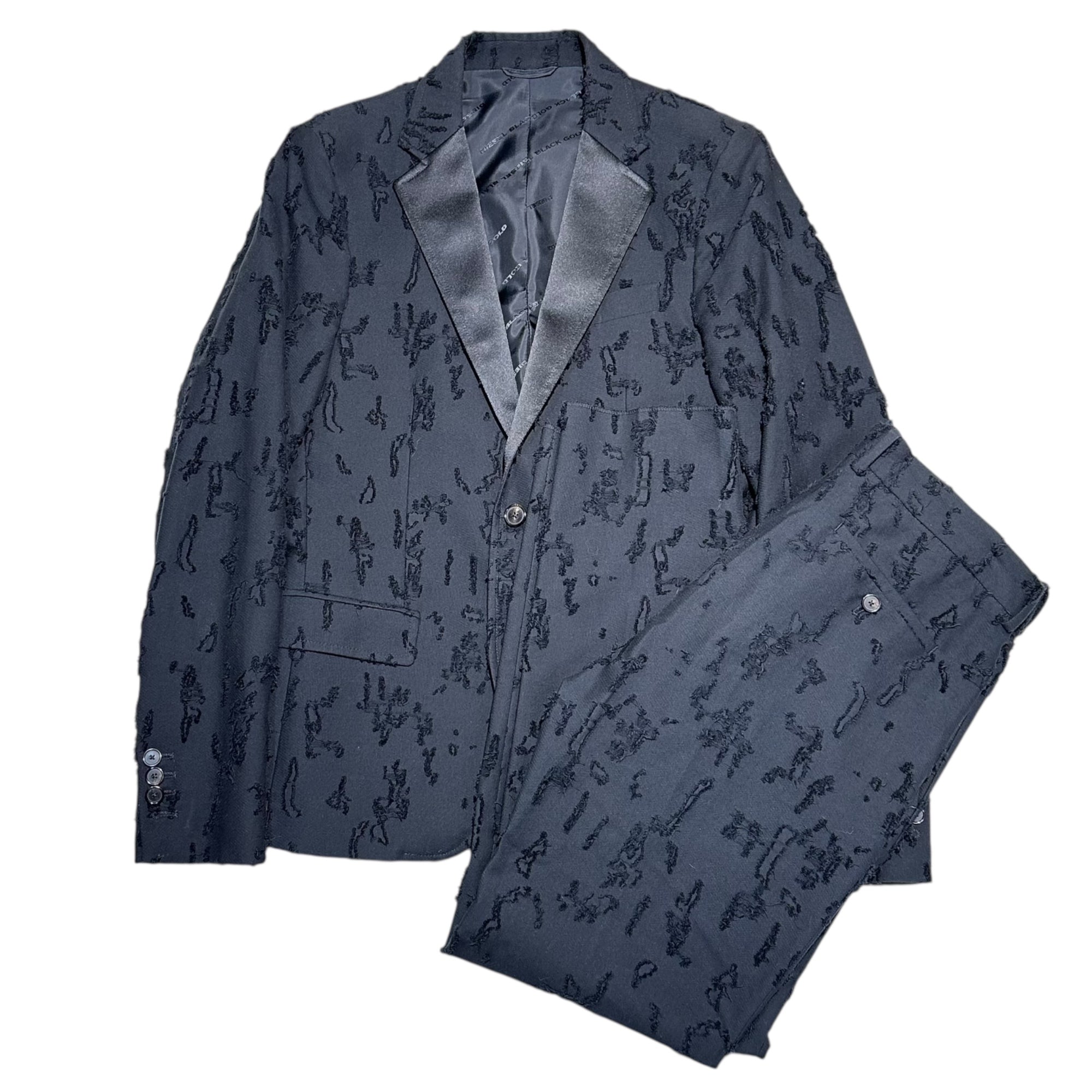 DIESEL BLACK GOLD(ディーゼルブラックゴールド) Broken Setup Jacket ブロークン セットアップ ジャケット JK:46 PT:44 ブラック ダメージ加工 テーラード スラックス パンツ スーツ