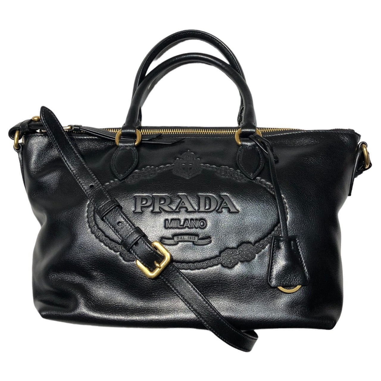 PRADA(プラダ) Embossed logo calf leather 2WAY shoulder bag エンボスロゴ カーフレザー 2WAY ショルダーバッグ 1BA104 ブラック ギャランティカード付属 ロゴ