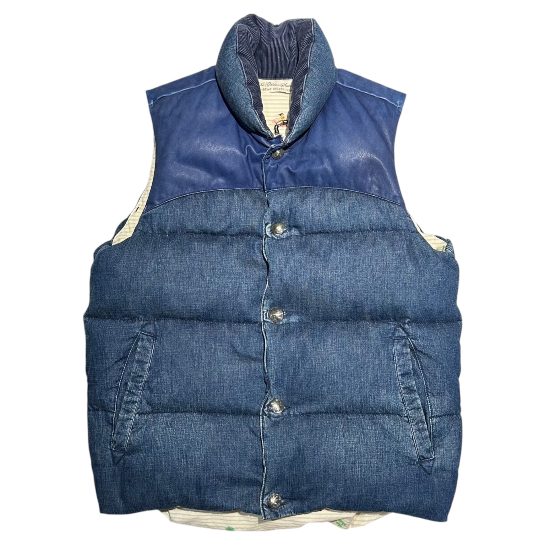 REMI RELIEF(レミレリーフ) York Leather Denim Down Vest ヨーク レザー デニム ダウン ベスト L インディゴ コンチョ ボタン
