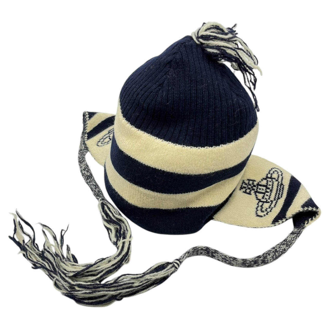 Vivienne Westwood CHAPEAUX(ヴィヴィアンウエストウッド) 00's Original knit hat with ear flaps オリジナル 耳当て付き ニット帽 ネイビー×ホワイト Y2K ムーンバット