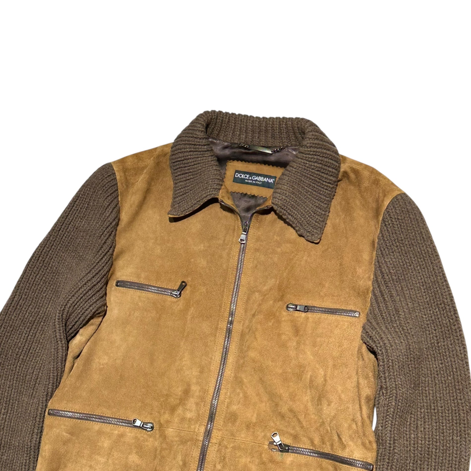 DOLCE&GABBANA(ドルチェ&ガッバーナドルガバ) Knit Sleeve Paneled Suede Leather Zip-Up Jacket ニットスリーブ 切替 スウェードレザー ジップアップ ジャケット G9Q40L 48(M程度) キャメル