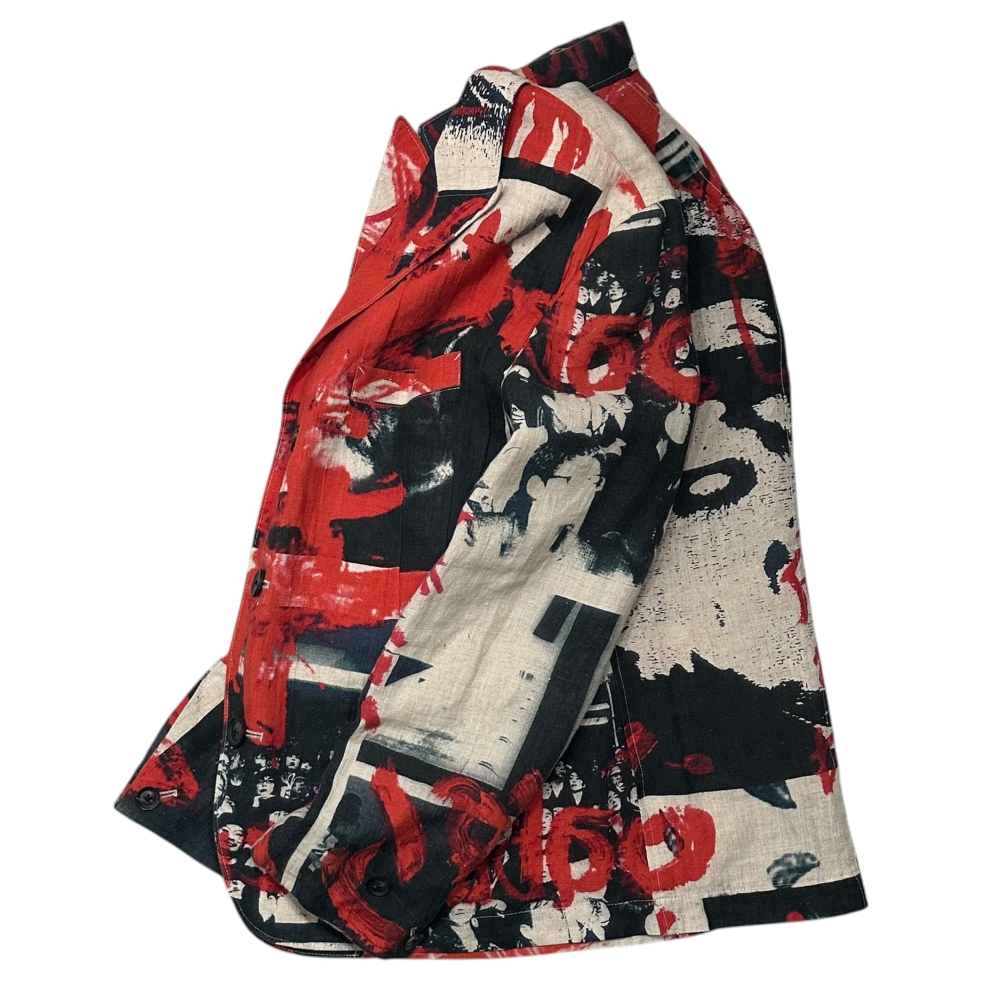 YOHJI YAMAMOTO POUR HOMME(ヨウジヤマモトプールオム) 2018SS Collage Print 3B Linen Jacket コラージュ プリント 3ボタン リネン ジャケット HW-J50-321 2(M程度) レッド×ネイビー×ベージュ 2018春夏コレクション LOOK21