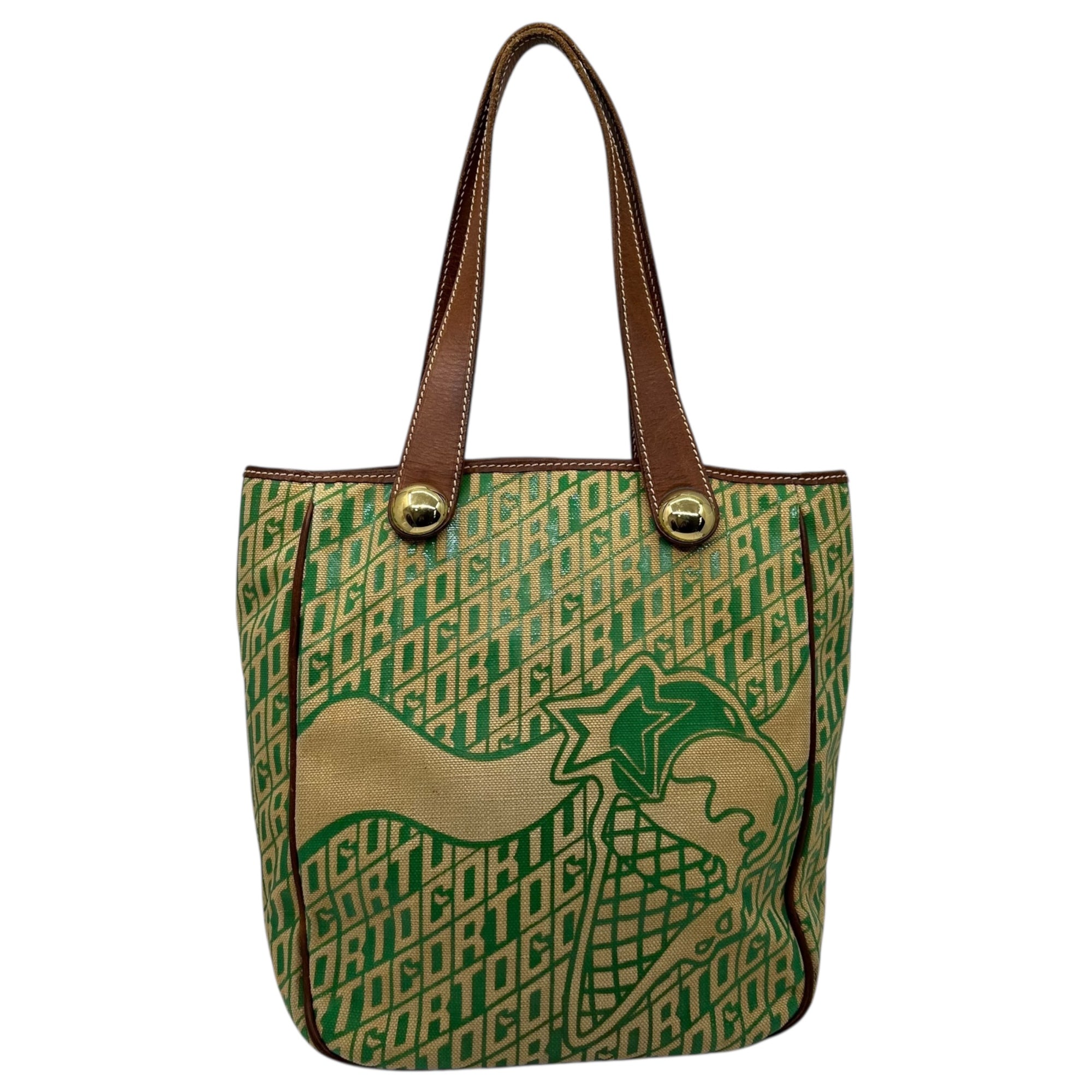 Corto Moltedo(コルトモルテド) Logo All-Over Print Canvas Leather Tote Bag ロゴ 総柄 キャンパス レザー トート バッグ グリーン×ベージュ